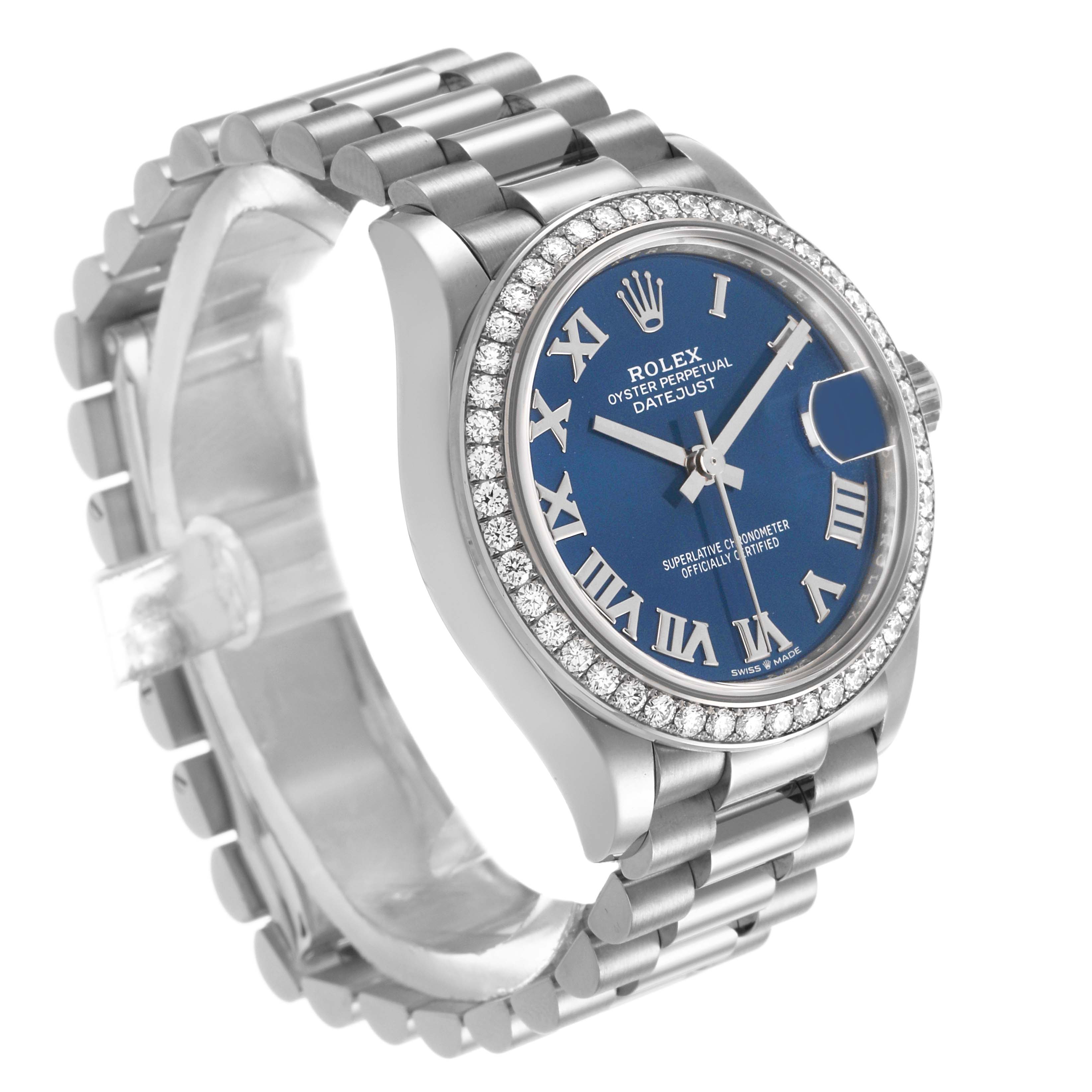The Rolex President 278289 Women's White Gold Blue Dial model is shown at a three-quarter angle, highlighting the bracelet, bezel, and face with a blue dial.
