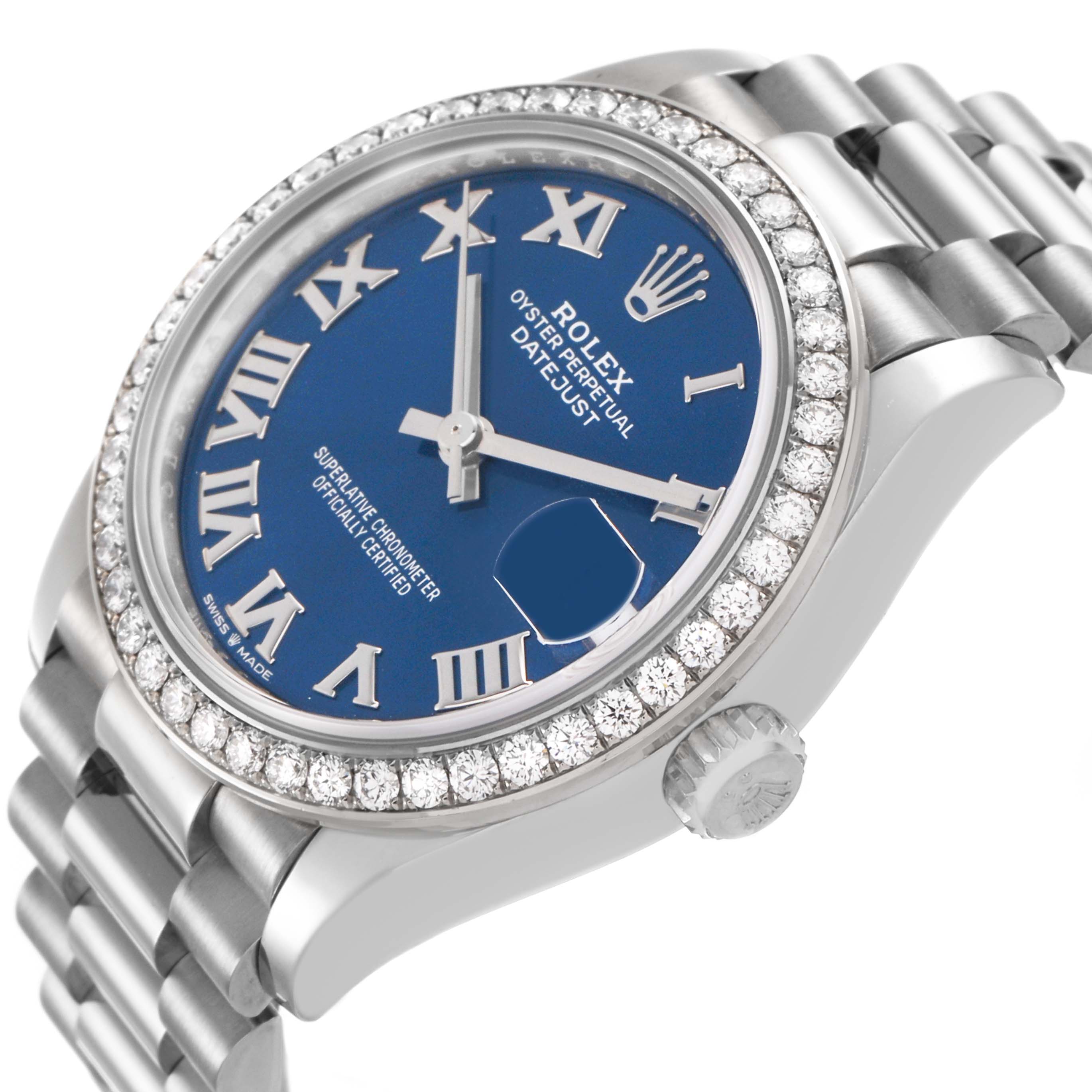 The Rolex President 278289 Women's White Gold Blue Dial model is shown at an angled view, highlighting the blue dial, diamond bezel, and part of the bracelet.