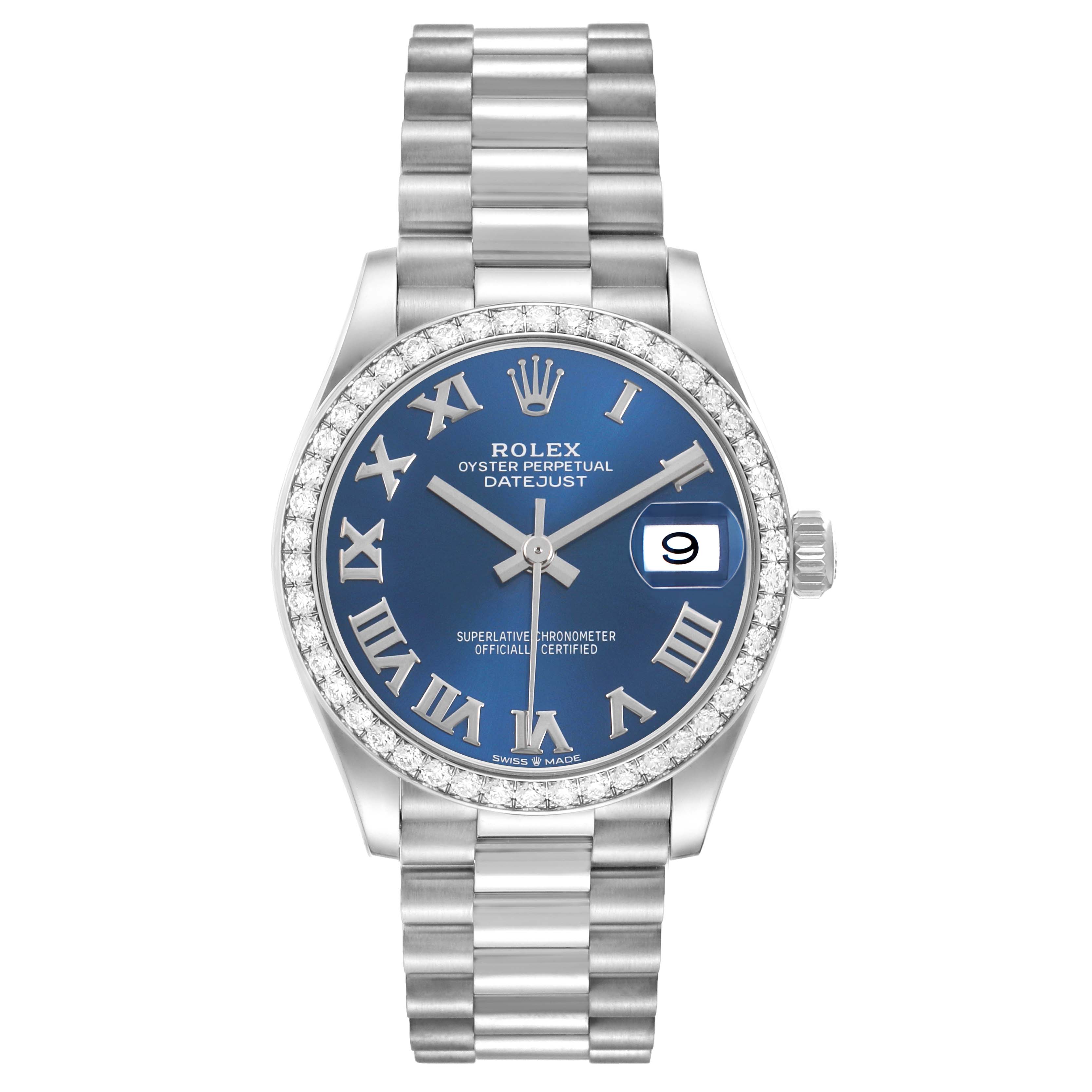 The Rolex President 278289 Women's White Gold Blue Dial model watch is shown from the front, featuring a blue dial, Roman numerals, diamond bezel, and metal bracelet.