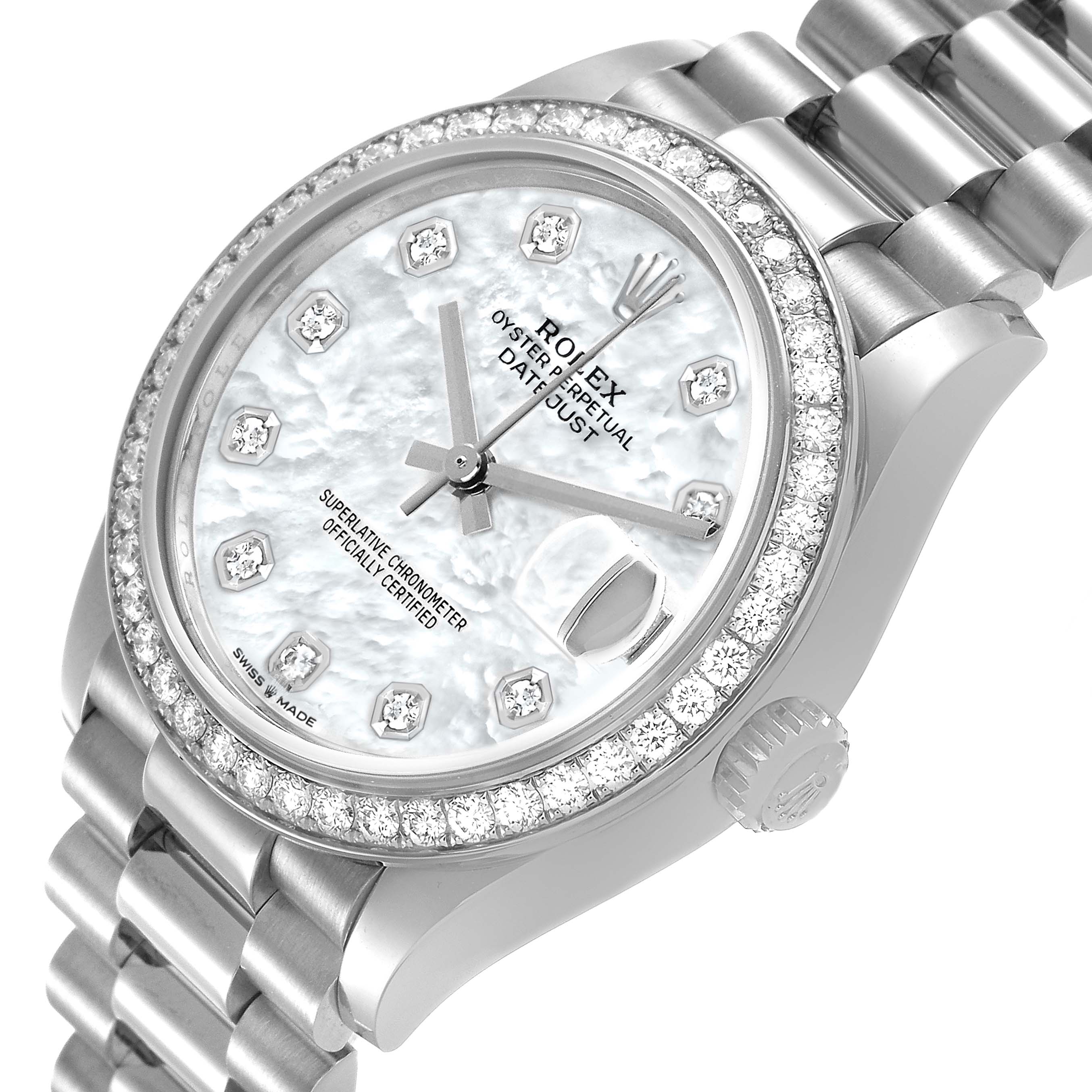 The Rolex Mid-Size 278289 Women's White Gold Mother of Pearl Dial Datejust is shown at a three-quarter angle, highlighting the face, diamond bezel, crown, and part of the bracelet.