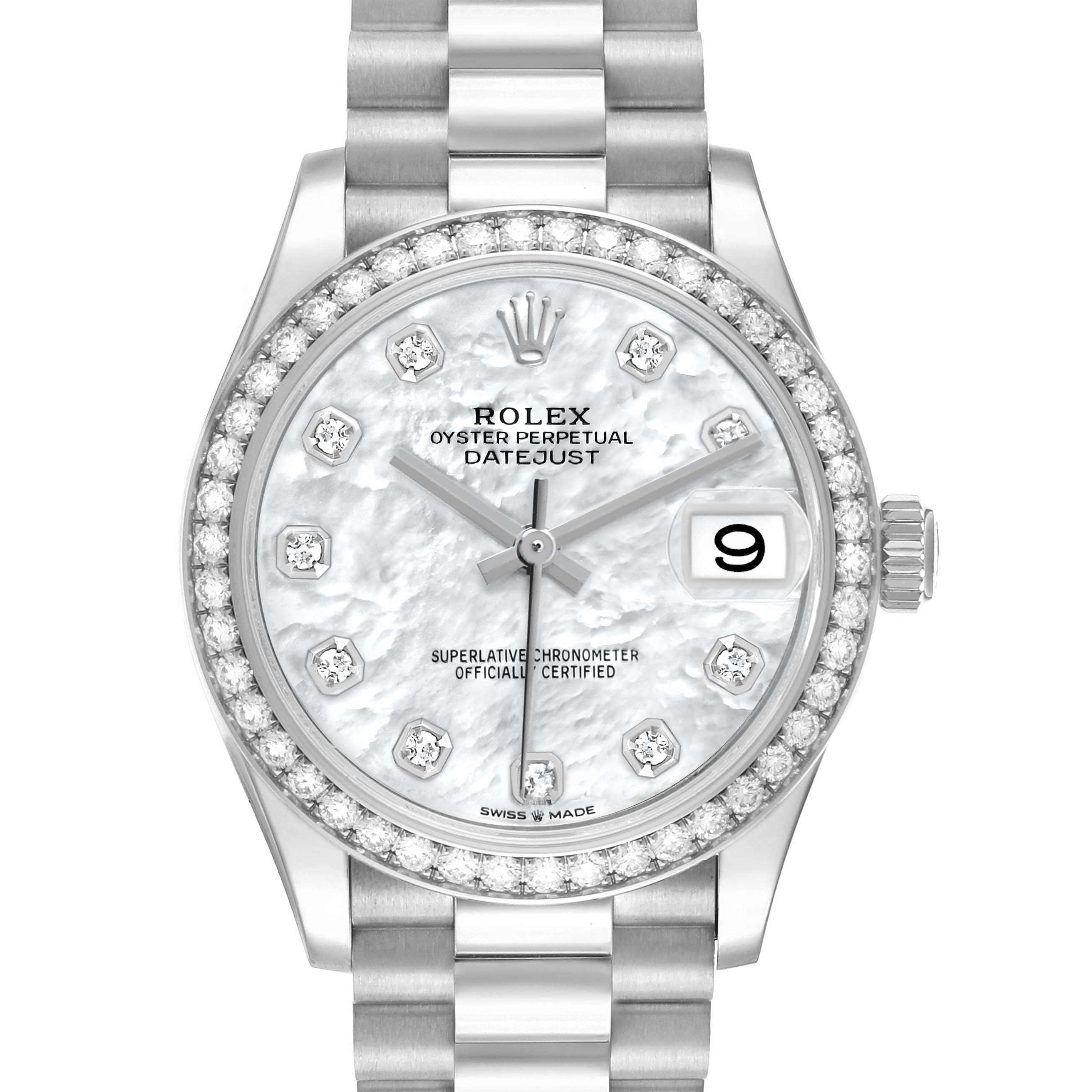 The Rolex Mid-Size 278289 Women's White Gold Mother of Pearl Dial watch is shown from the front, displaying its face, diamond bezel, and bracelet.