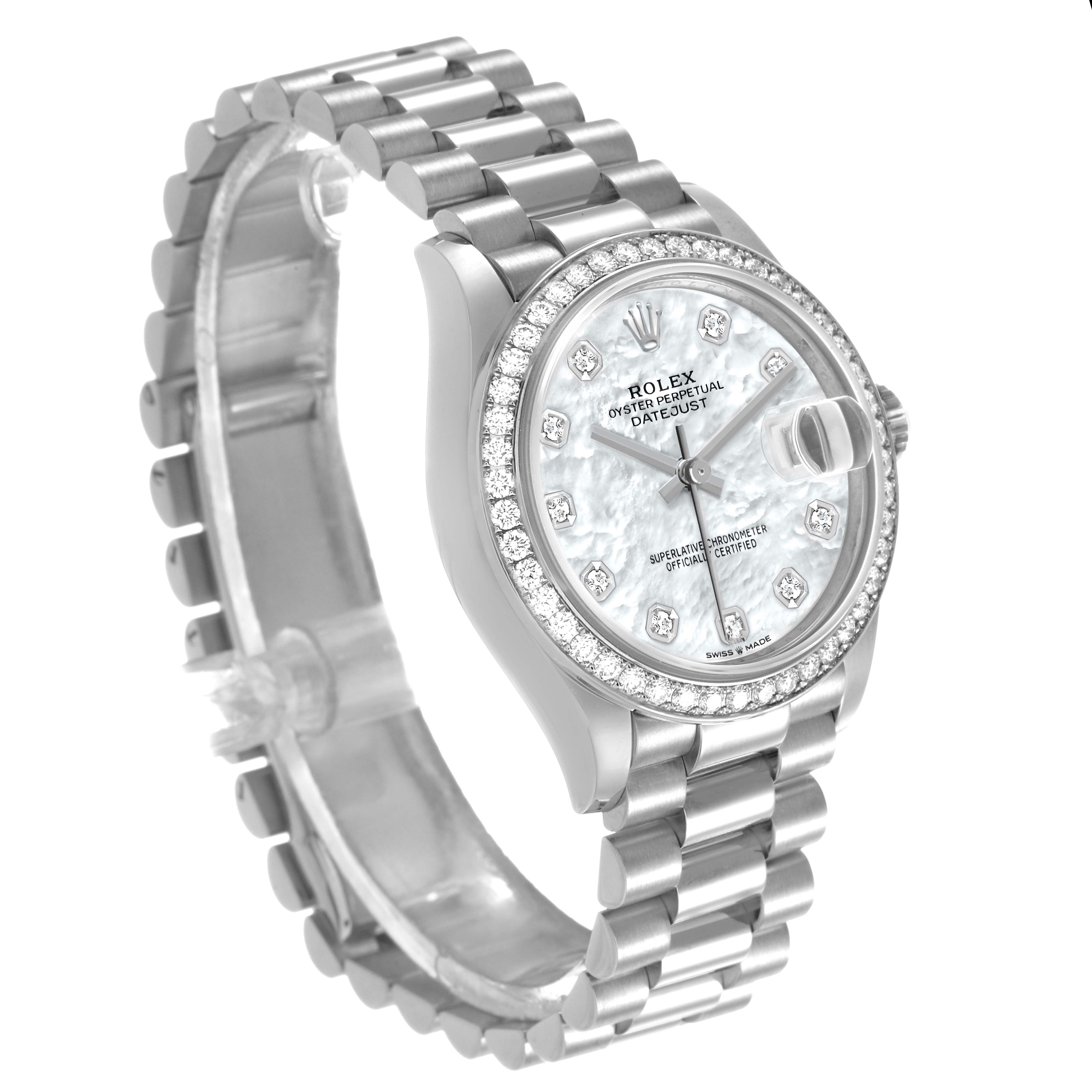 The Rolex Mid-Size 278289 Women's White Gold Mother of Pearl Dial watch is shown at a three-quarter angle, highlighting its face, bezel, and bracelet.