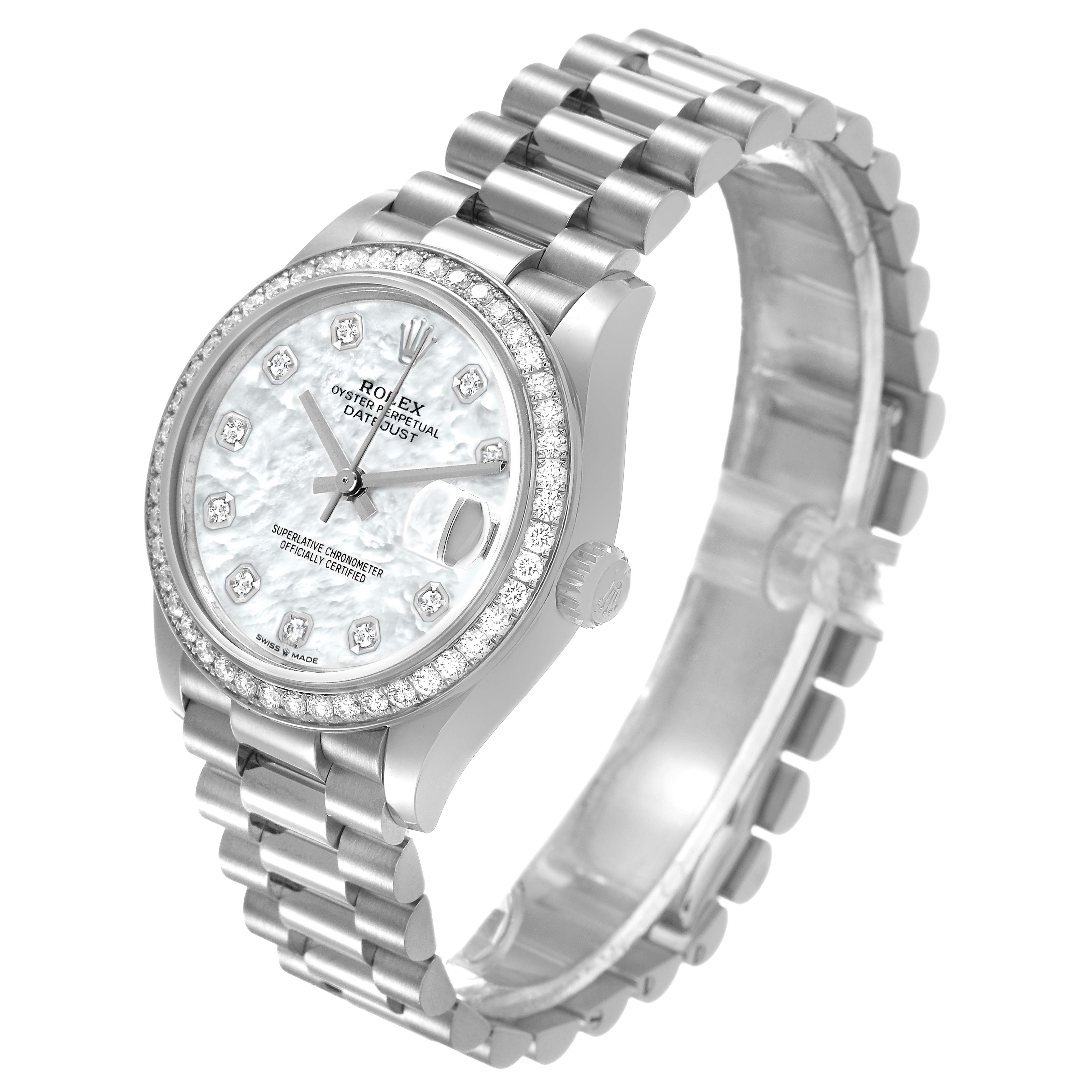 The Rolex Mid-Size 278289 Women's White Gold Mother of Pearl Dial watch is shown at a three-quarter angle, highlighting the dial, bezel, bracelet, and crown.