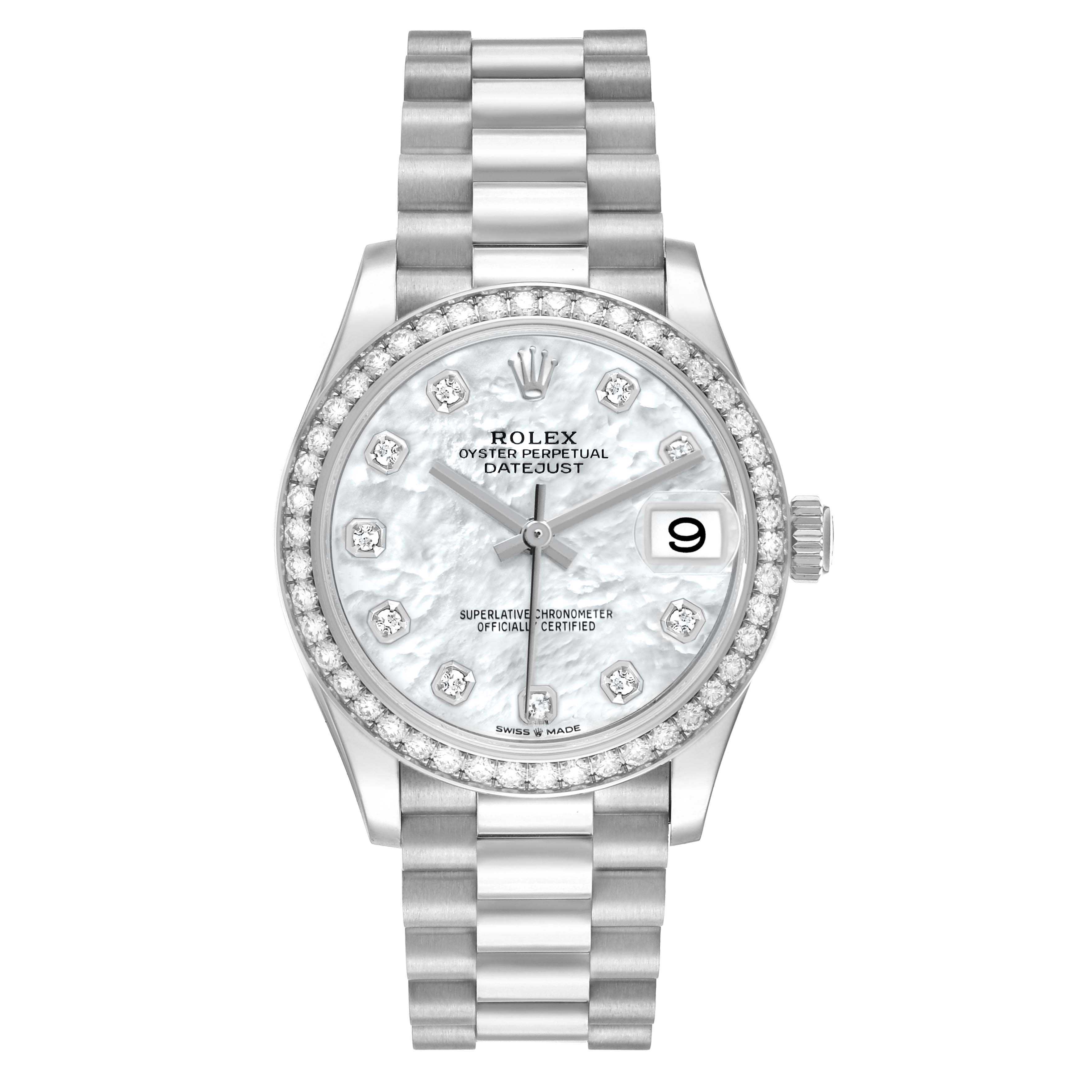 The Rolex Datejust Mid-Size watch is shown from a front angle, highlighting its dial, bezel, and bracelet.
