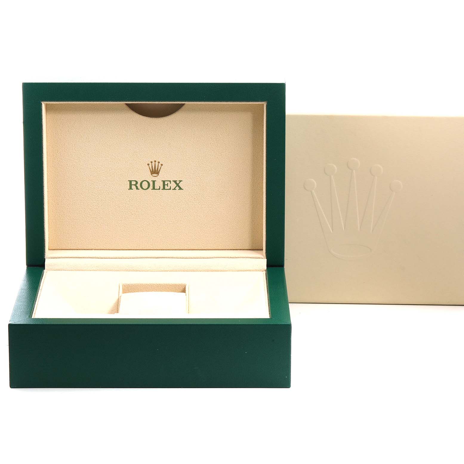 This image shows an open Rolex watch box for a Mid-Size model, with the exterior packaging beside it.