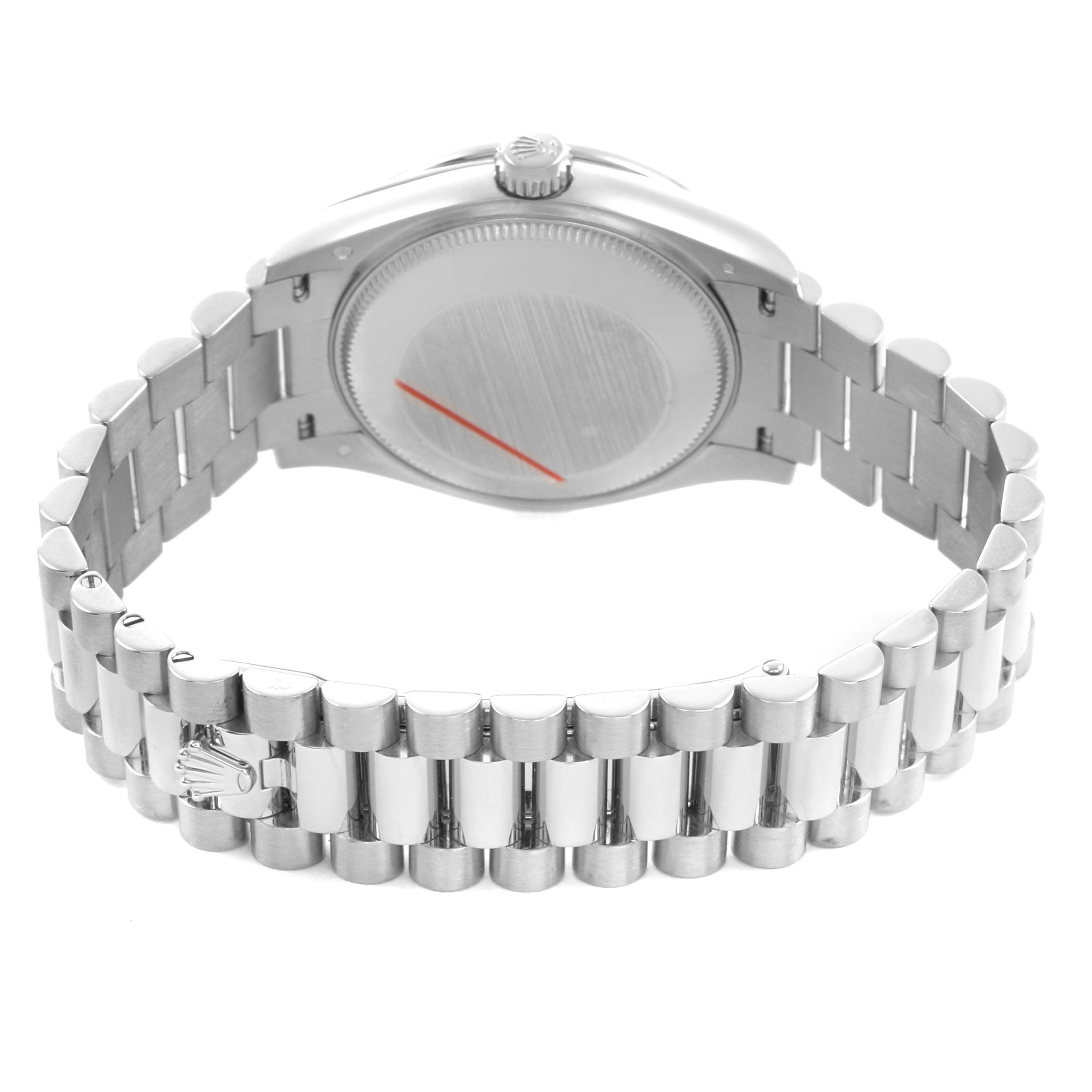 The image shows the back view of a Rolex Mid-Size 278289 Women's White Gold Mother of Pearl Dial watch, highlighting its case back and metal bracelet.
