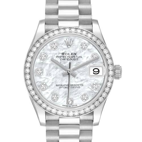 The Rolex Datejust Mid-Size watch is shown frontally, highlighting the bezel, dial, and part of the bracelet.