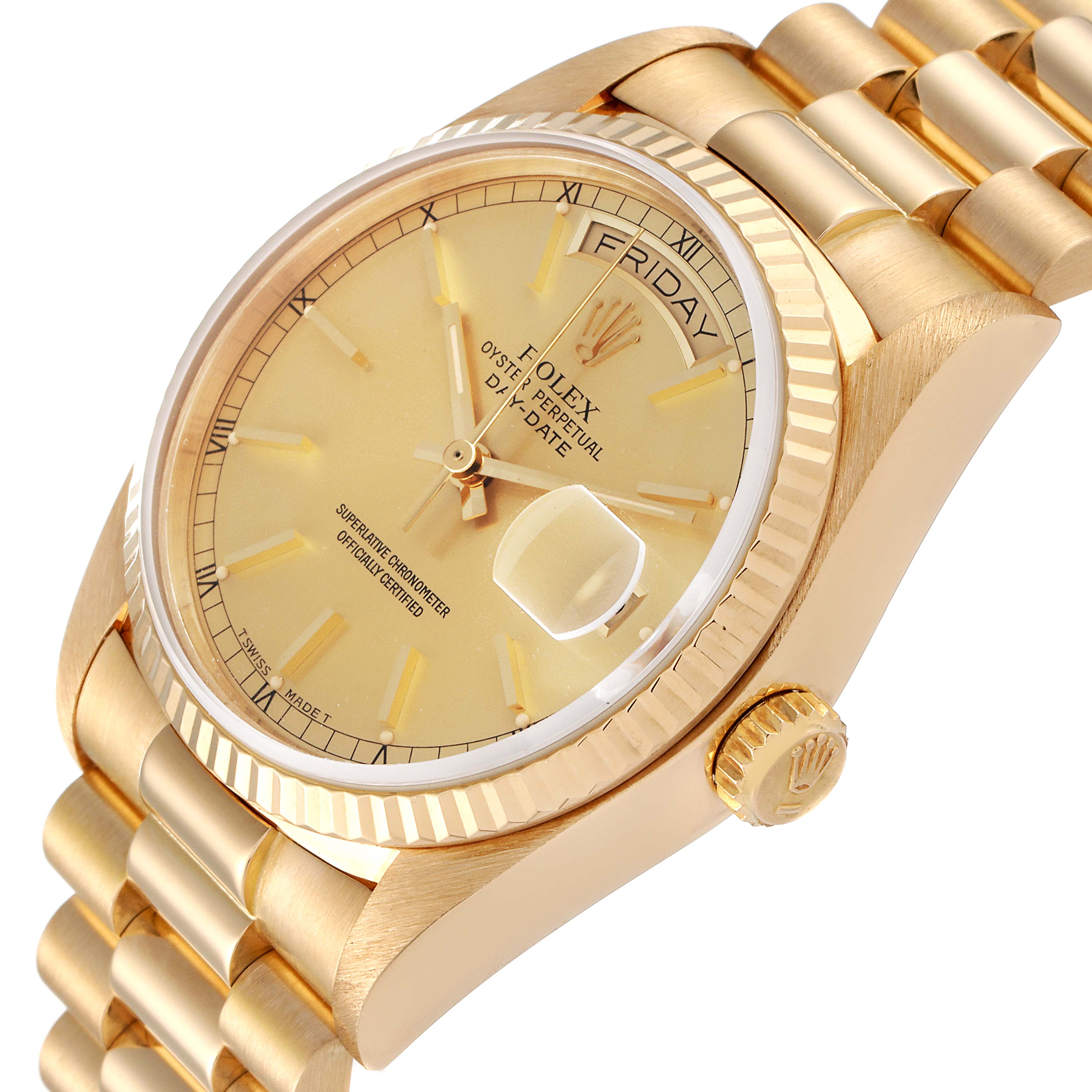 This image shows a close-up, angled view of the Rolex President 18038 Men
s Yellow Gold Champagne Dial 18038 Men
s Yellow Gold Champagne Dial model watch, highlighting the dial, crown, bezel, and part of the bracelet.