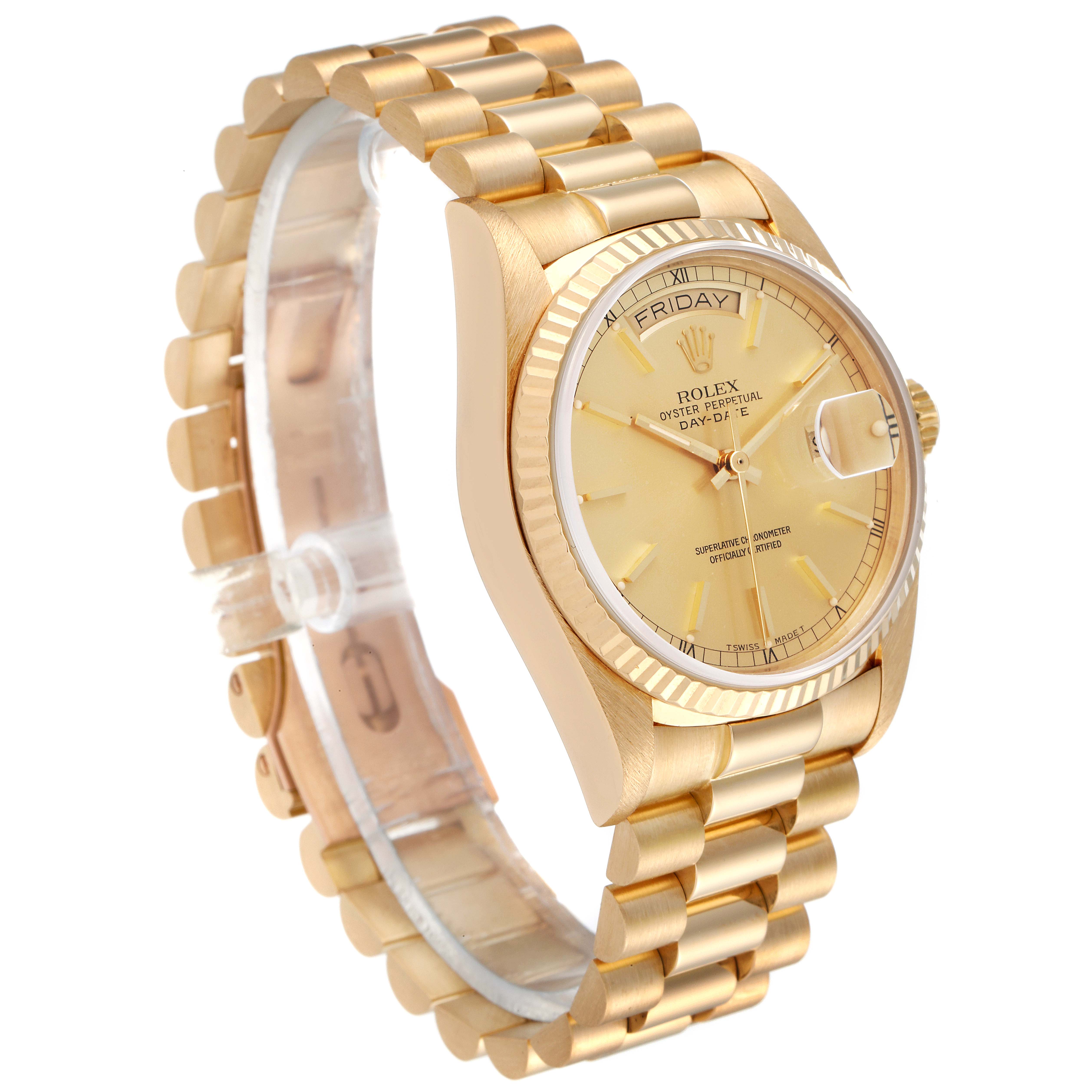 The image shows a side view angle of a Rolex President 18038 Men
s Yellow Gold Champagne Dial 18038 Men
s Yellow Gold Champagne Dial model, displaying the bracelet and dial.