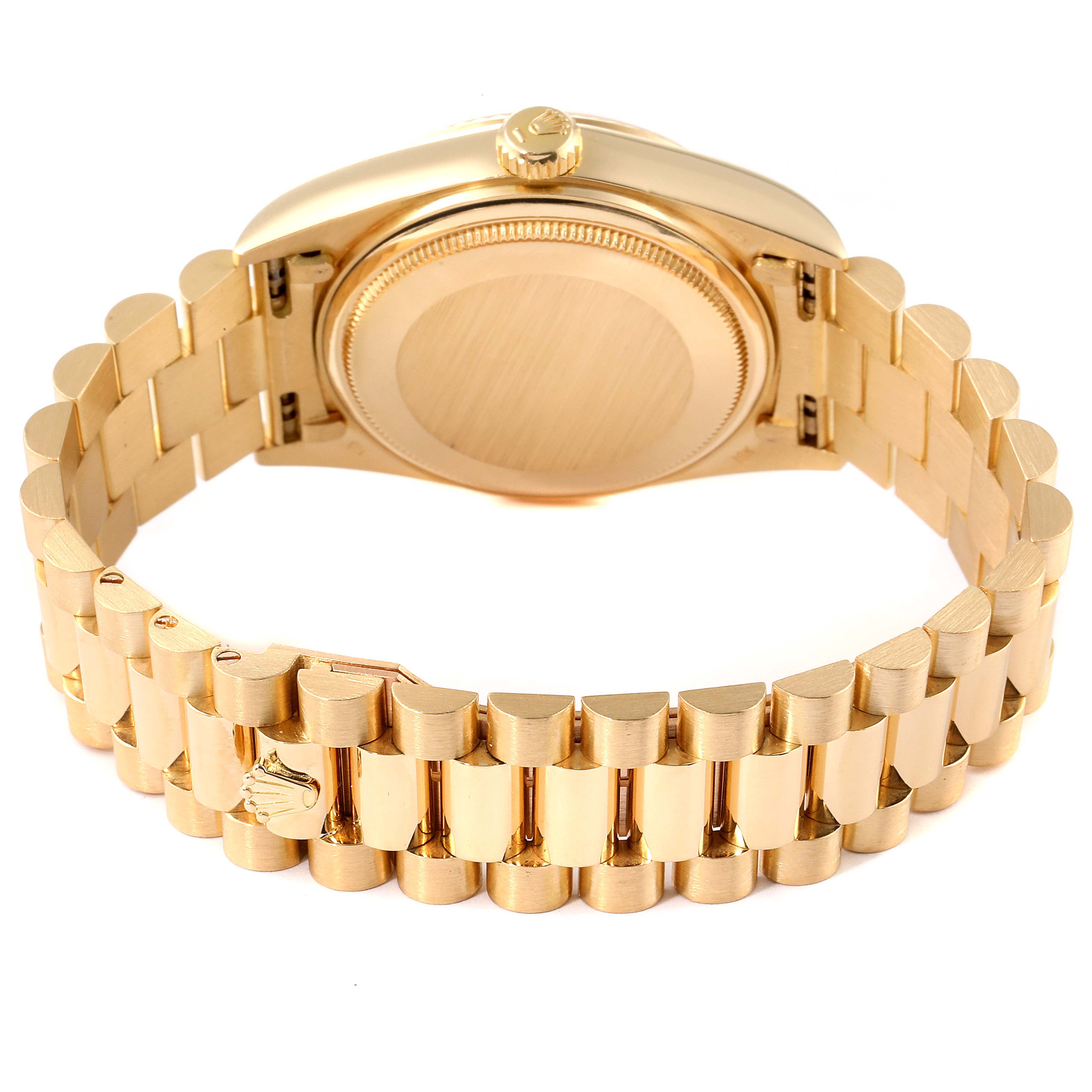 This image shows the back case and bracelet of a Rolex President 18038 Men
s Yellow Gold Champagne Dial 18038 Men
s Yellow Gold Champagne Dial model watch from a rear angle.