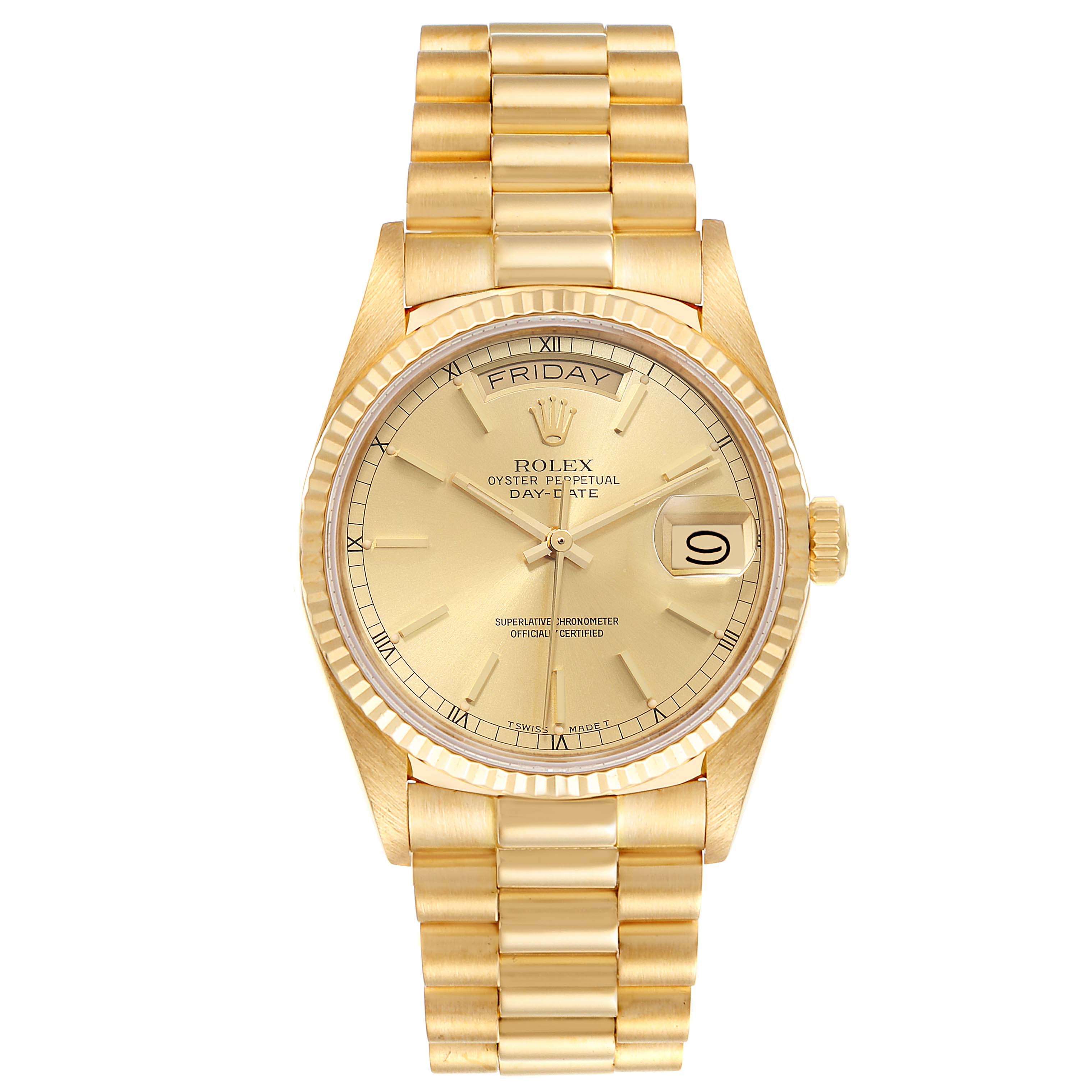 This is a front view of a Rolex President 18038 Men
s Yellow Gold Champagne Dial 18038 Men
s Yellow Gold Champagne Dial model watch, showing the dial, hands, day, date, and Oyster bracelet.