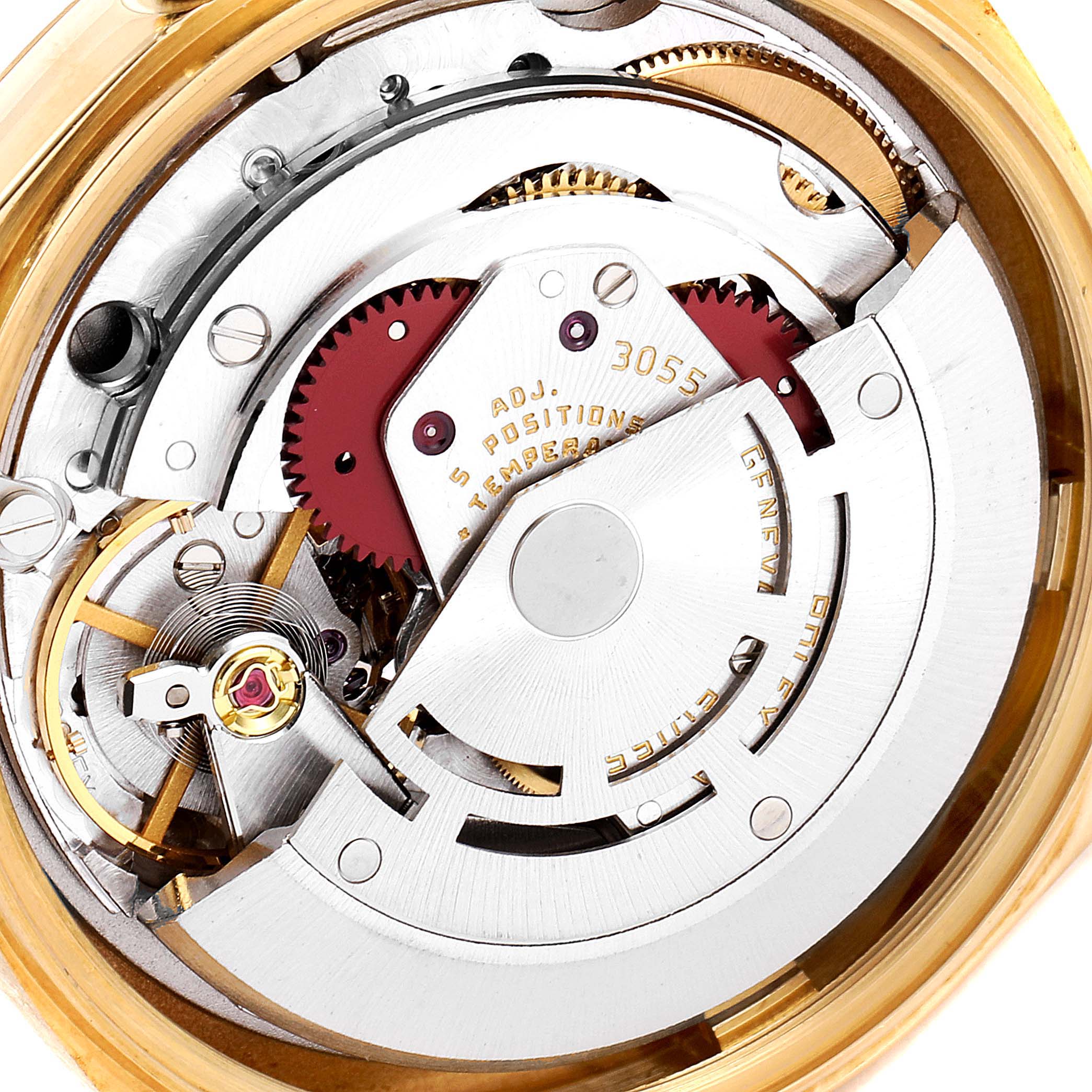 This image shows the internal mechanical movement of the Rolex President 18038 Men
s Yellow Gold Champagne Dial 18038 Men
s Yellow Gold Champagne Dial model watch, with gears and the balance wheel visible.
