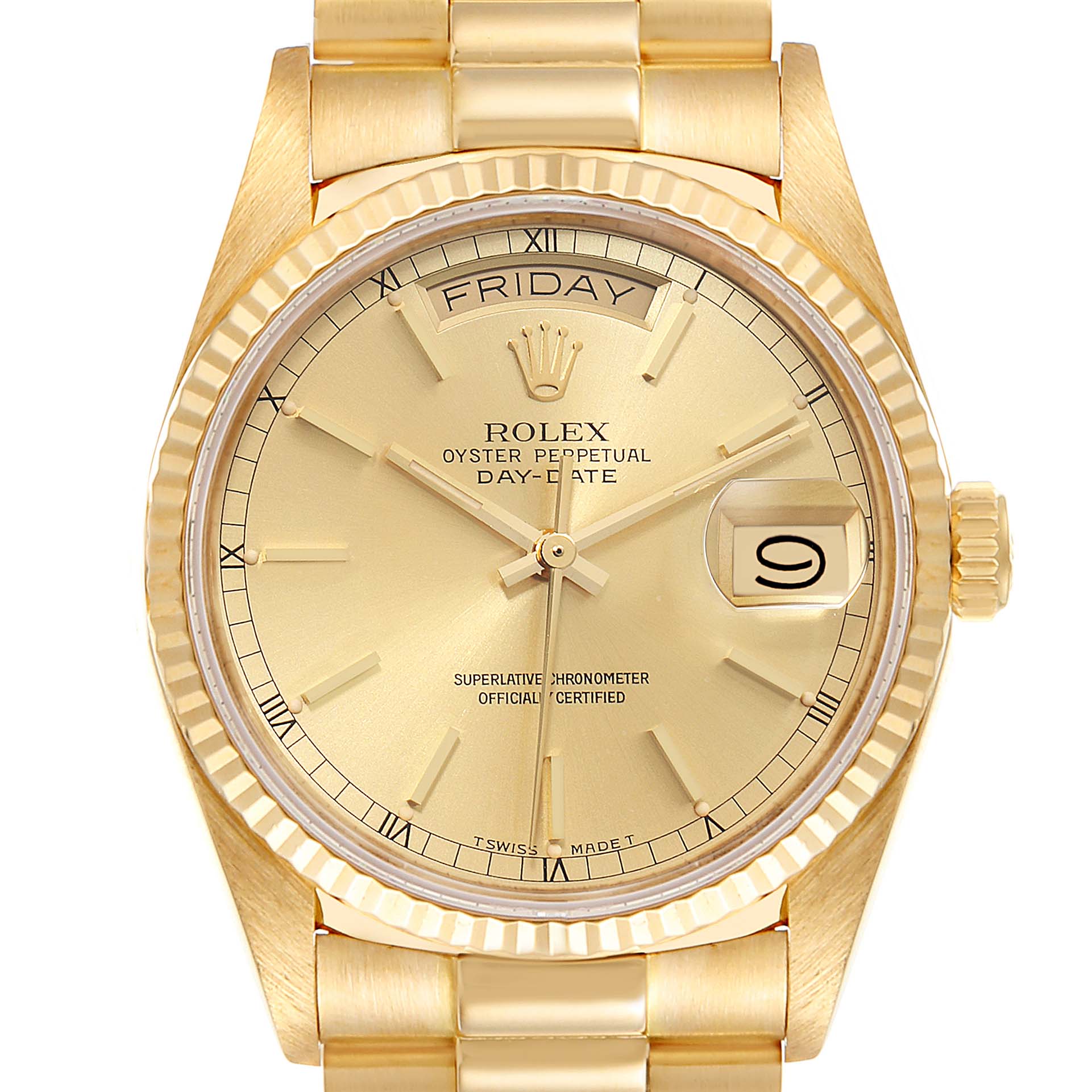 The image shows a front view of a Rolex President 18038 Men
s Yellow Gold Champagne Dial 18038 Men
s Yellow Gold Champagne Dial Oyster Perpetual Day-Date watch, highlighting its dial, bezel, and bracelet.