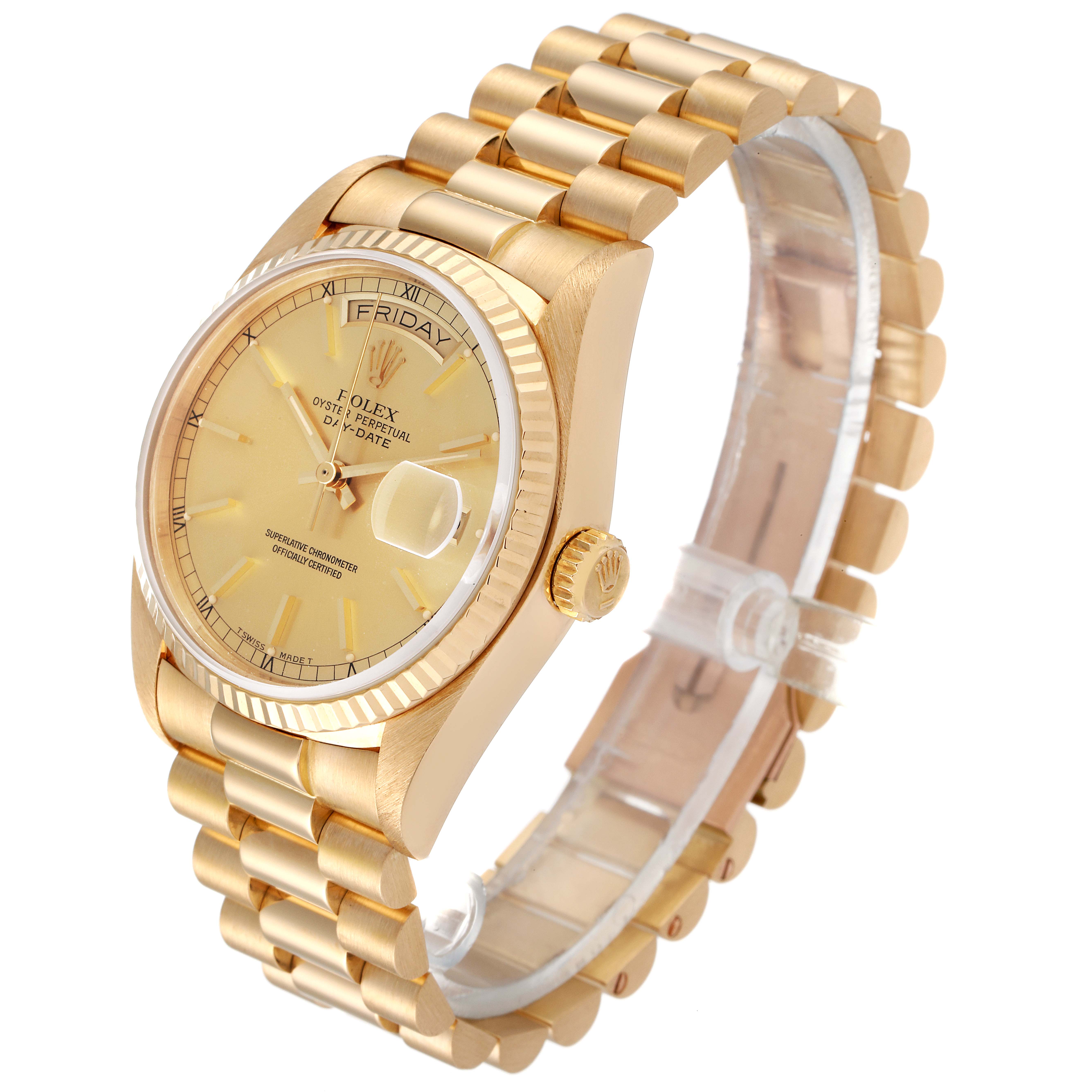 The image shows a Rolex President 18038 Men
s Yellow Gold Champagne Dial 18038 Men
s Yellow Gold Champagne Dial model watch angled to display the face, crown, and part of the bracelet.