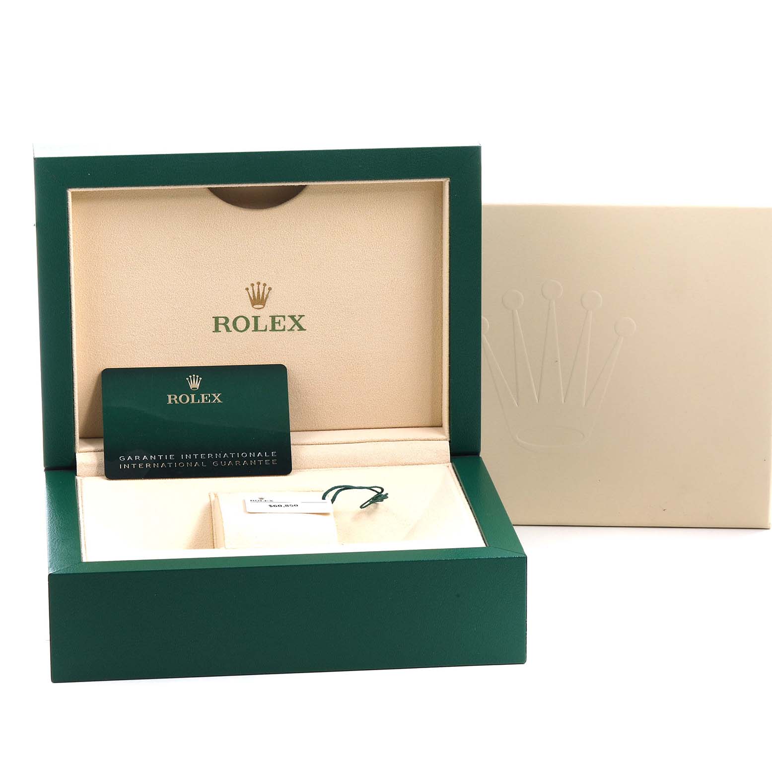 The image shows an open Rolex President 228238 Men's Yellow Gold Champagne Dial watch box with the international guarantee card and tag inside.