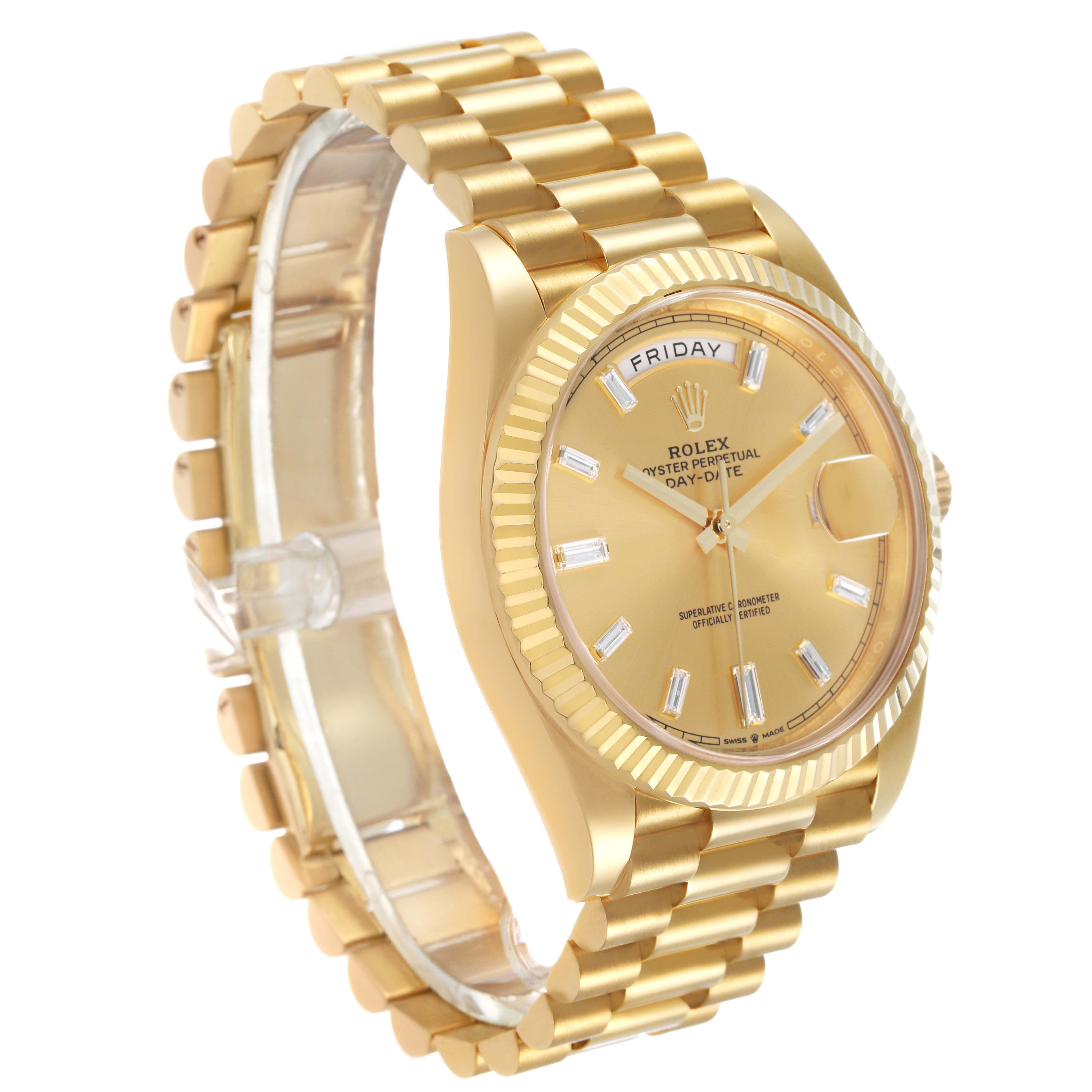 The Rolex President 228238 Men's Yellow Gold Champagne Dial model is shown at a three-quarter angle, highlighting the bracelet, dial, and fluted bezel.