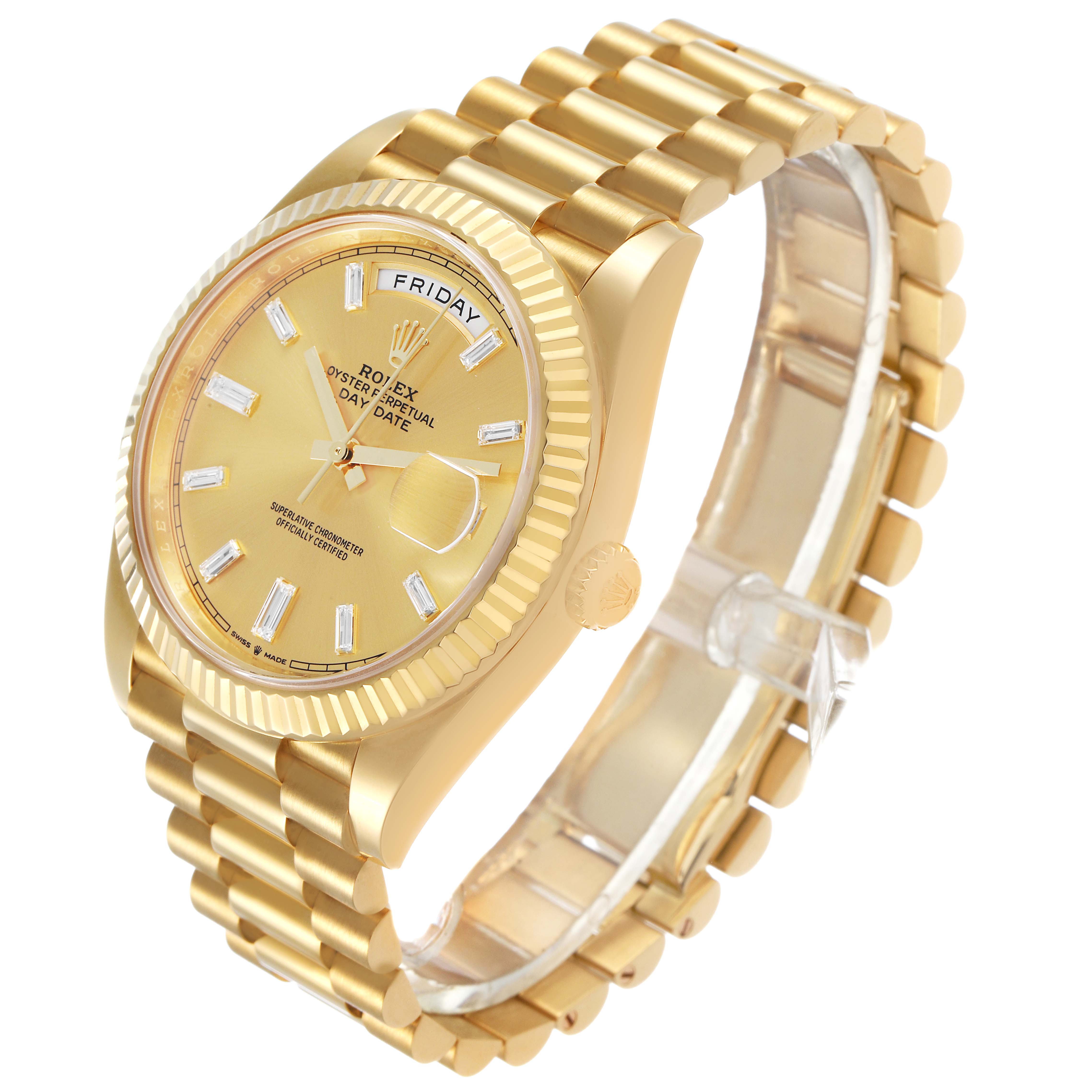 The Rolex President 228238 Men's Yellow Gold Champagne Dial model is shown at an angled perspective, highlighting the gold bracelet, fluted bezel, and champagne dial.