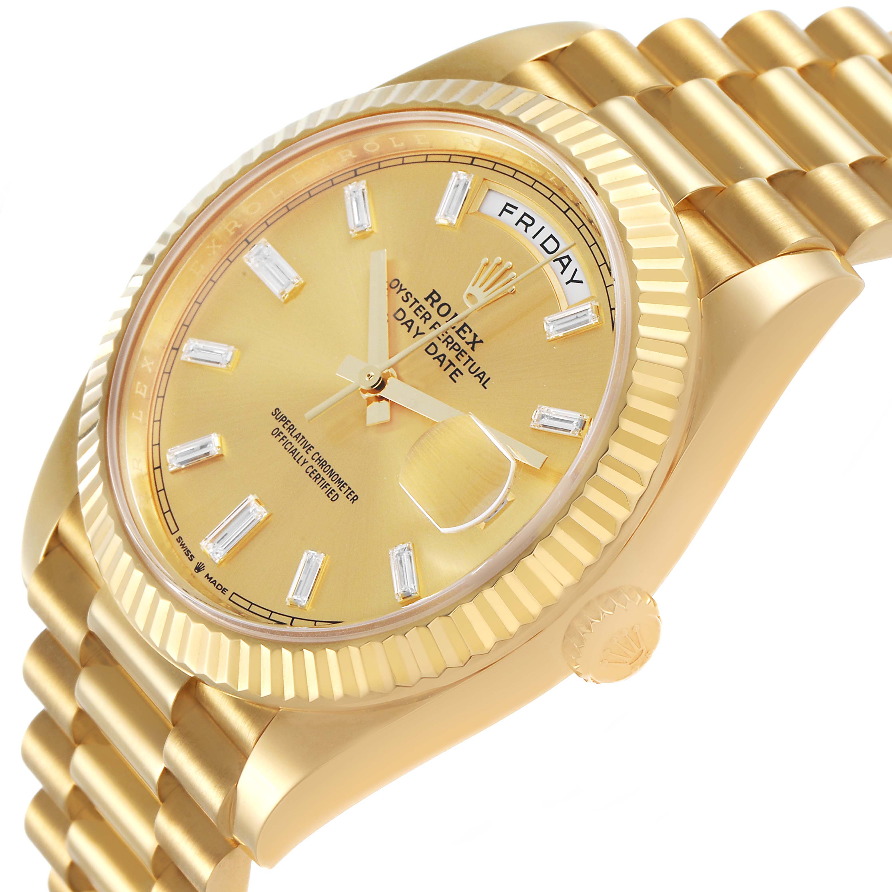 The Rolex President 228238 Men's Yellow Gold Champagne Dial model is shown at a slight side angle, highlighting its fluted bezel, champagne dial, and bracelet.
