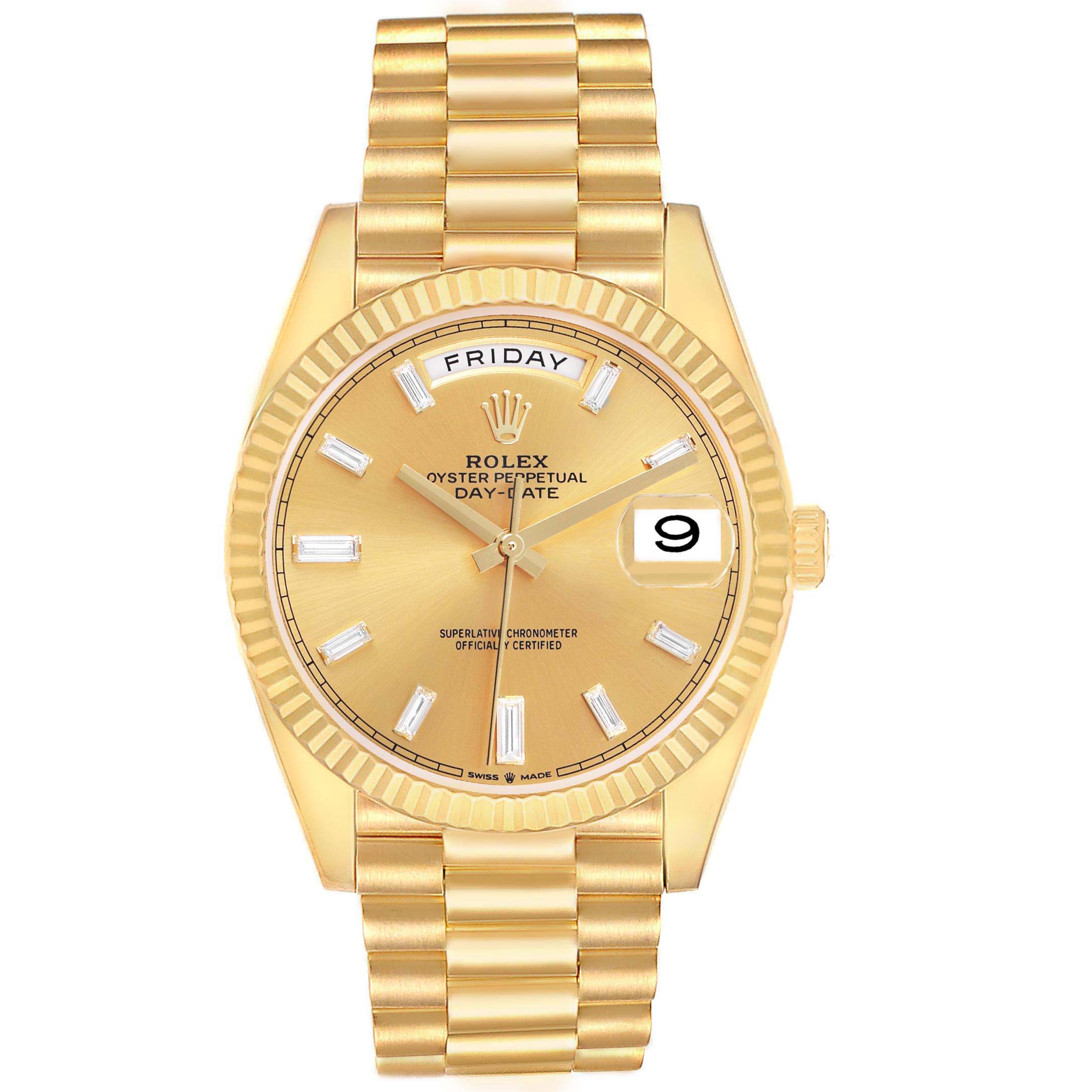The image shows a front view of the Rolex President 228238 Men's Yellow Gold Champagne Dial watch, highlighting its gold bracelet, fluted bezel, and date display.