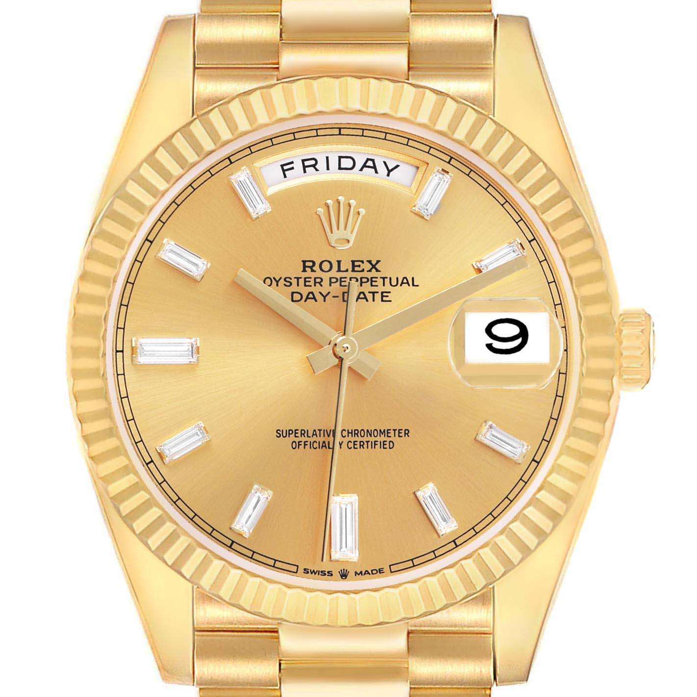 The image shows a frontal view of the Rolex President 228238 Men's Yellow Gold Champagne Dial model, highlighting the dial, bezel, hands, crown, and bracelet.