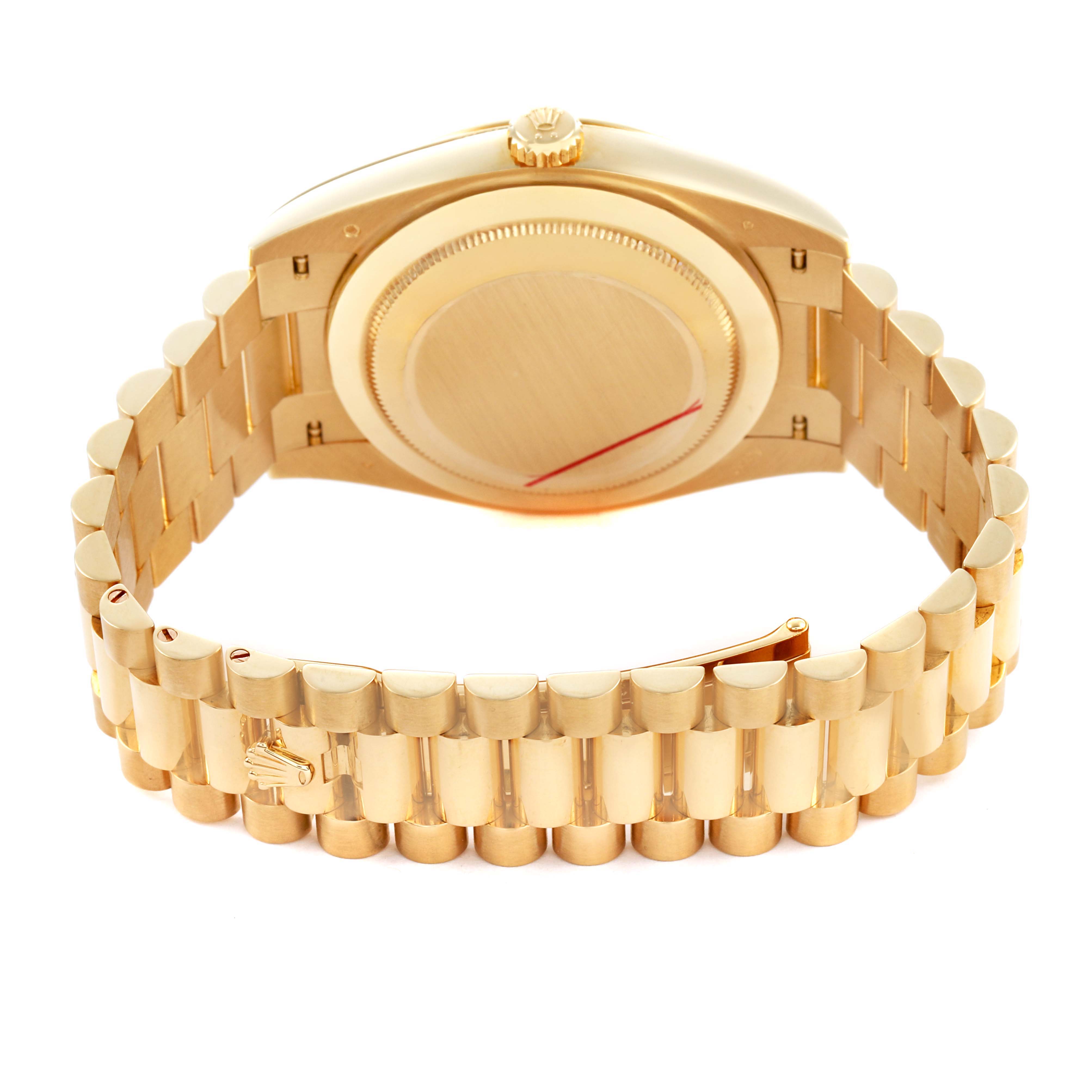 The image shows the back and bracelet of a Rolex President 228238 Men's Yellow Gold Champagne Dial model watch, highlighting its gold oyster bracelet and case back.