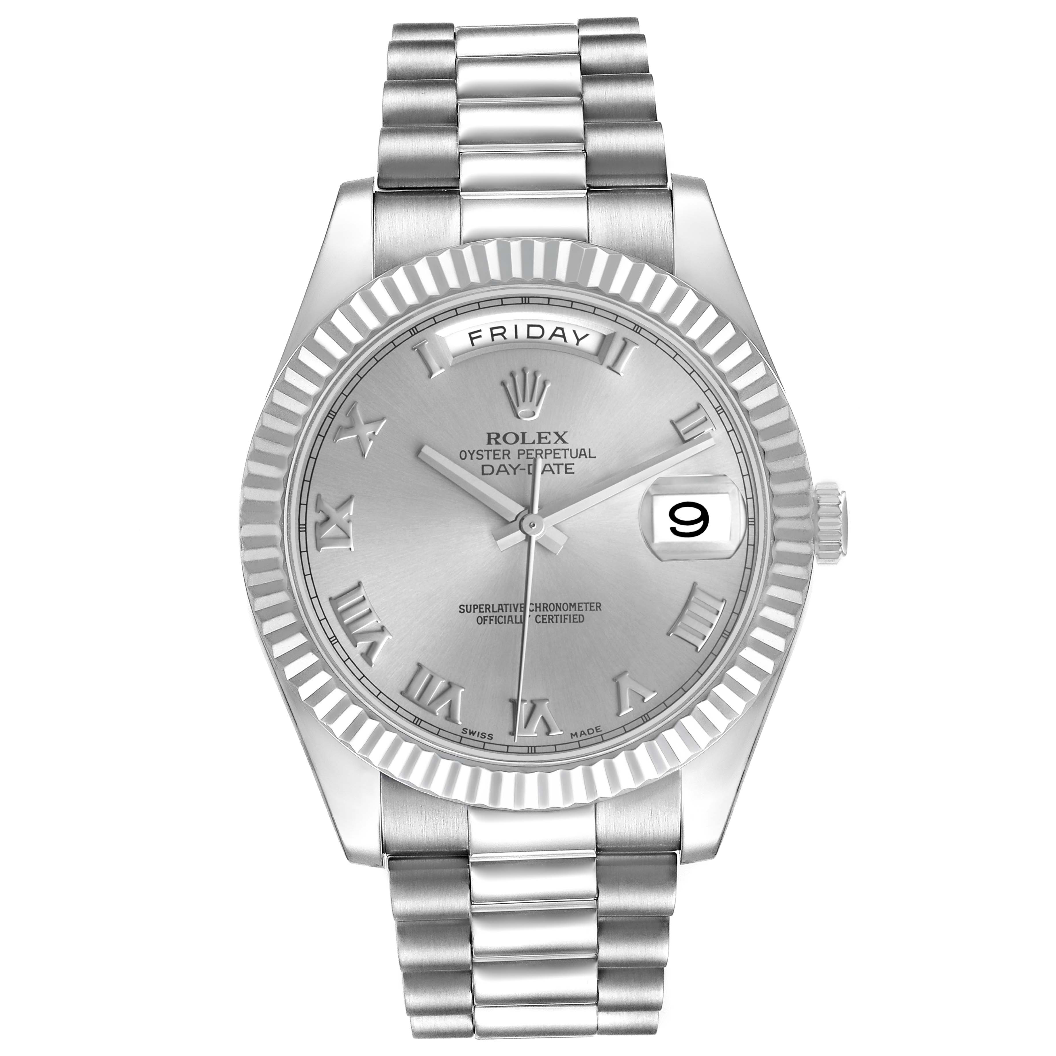 The Rolex President 218239 Men's White Gold Silver Dial model is shown from a top-down angle, displaying the entire watch face, band, and crown.