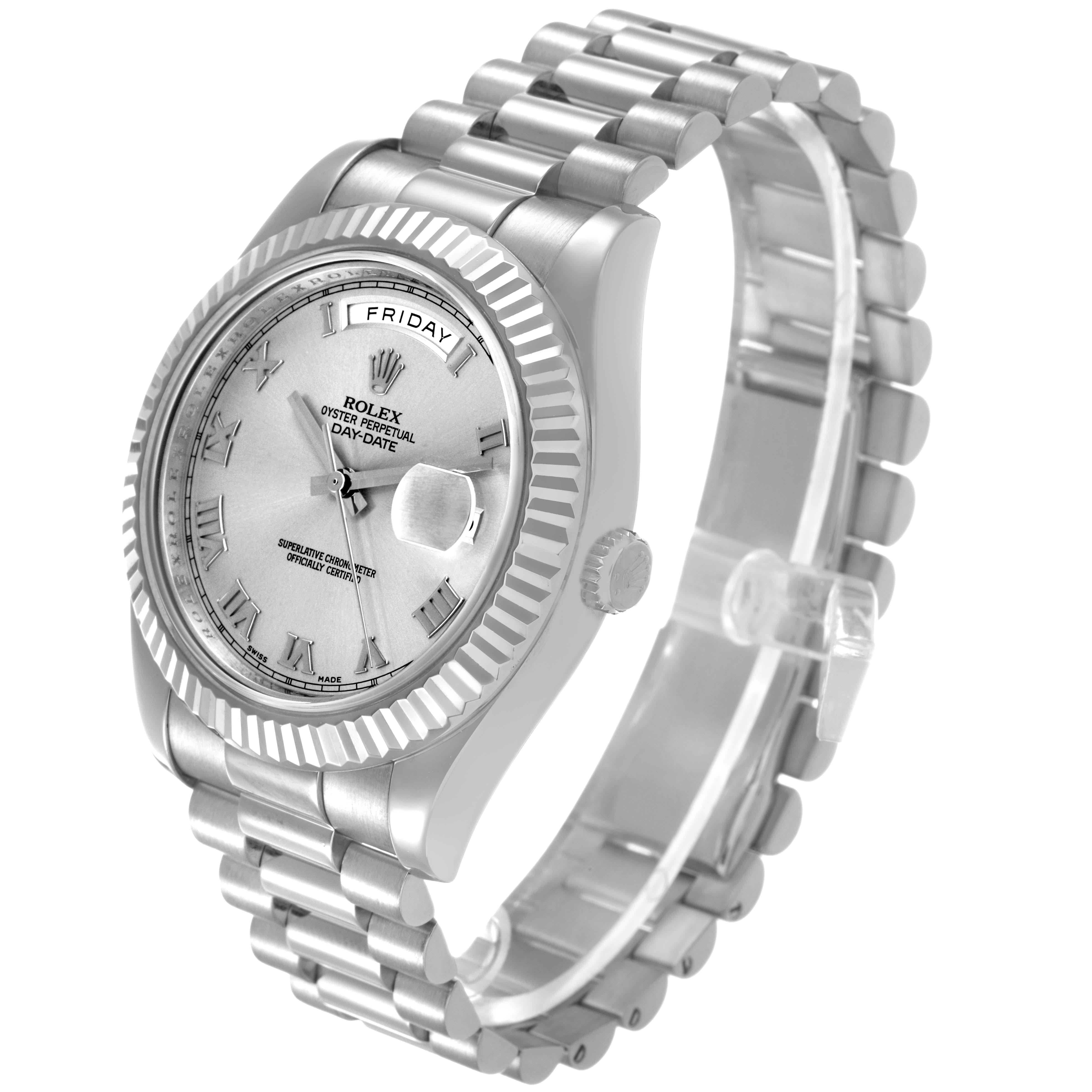 The Rolex President 218239 Men's White Gold Silver Dial model watch is shown at a three-quarter angle, highlighting the dial, bezel, and bracelet.