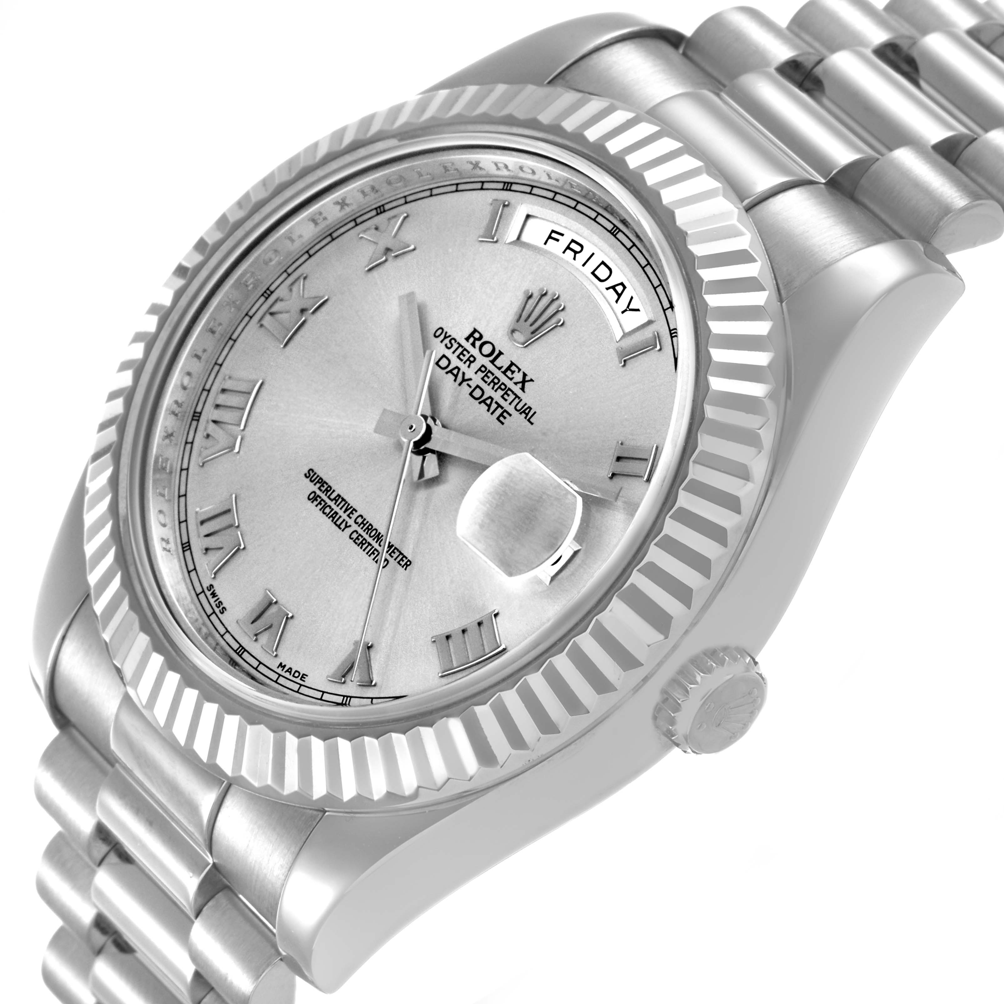 The Rolex President 218239 Men's White Gold Silver Dial model is shown at an angled view, highlighting the bezel, dial, bracelet, and crown.