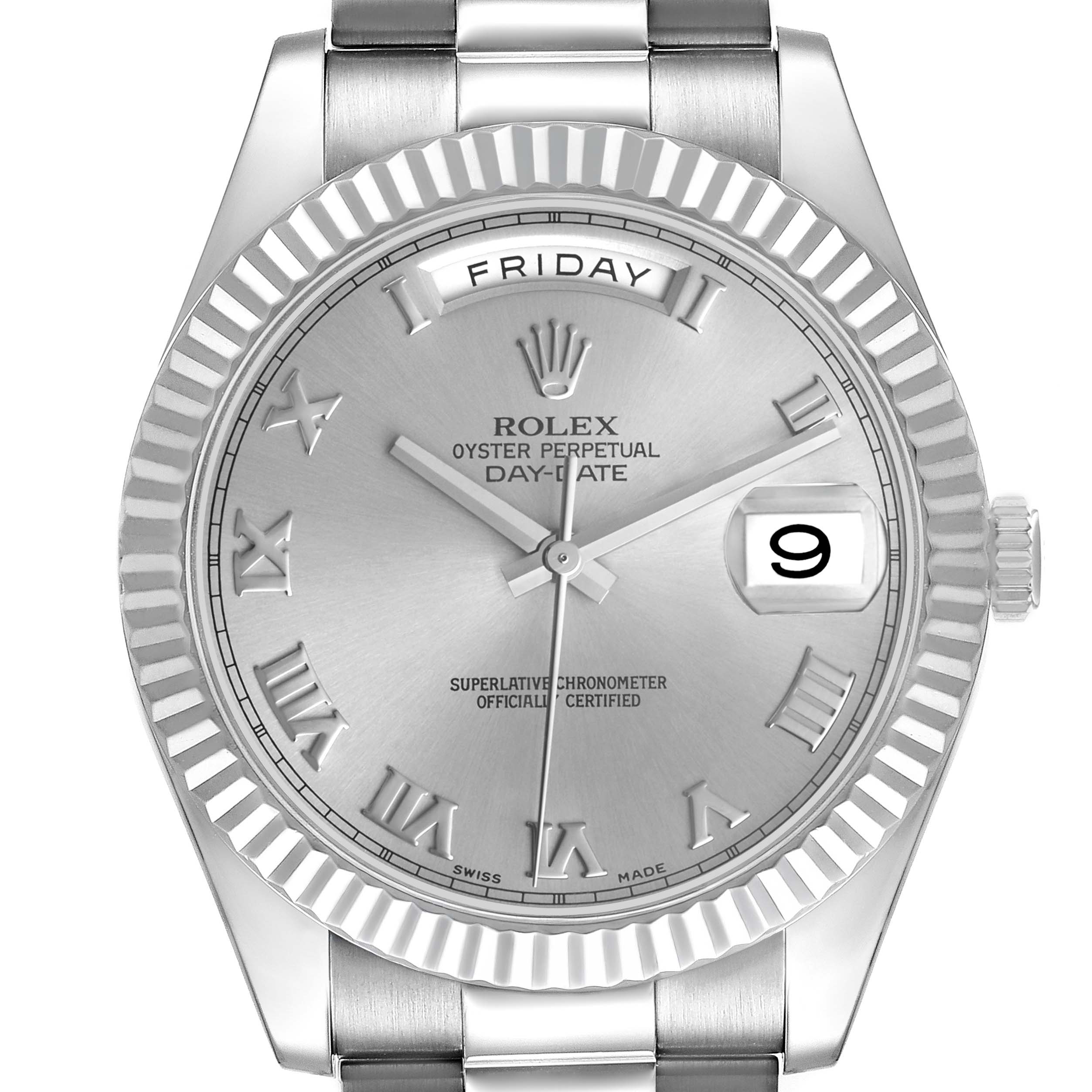 The Rolex President 218239 Men's White Gold Silver Dial model watch is shown from the front, highlighting the dial, hands, date, day display, and fluted bezel.