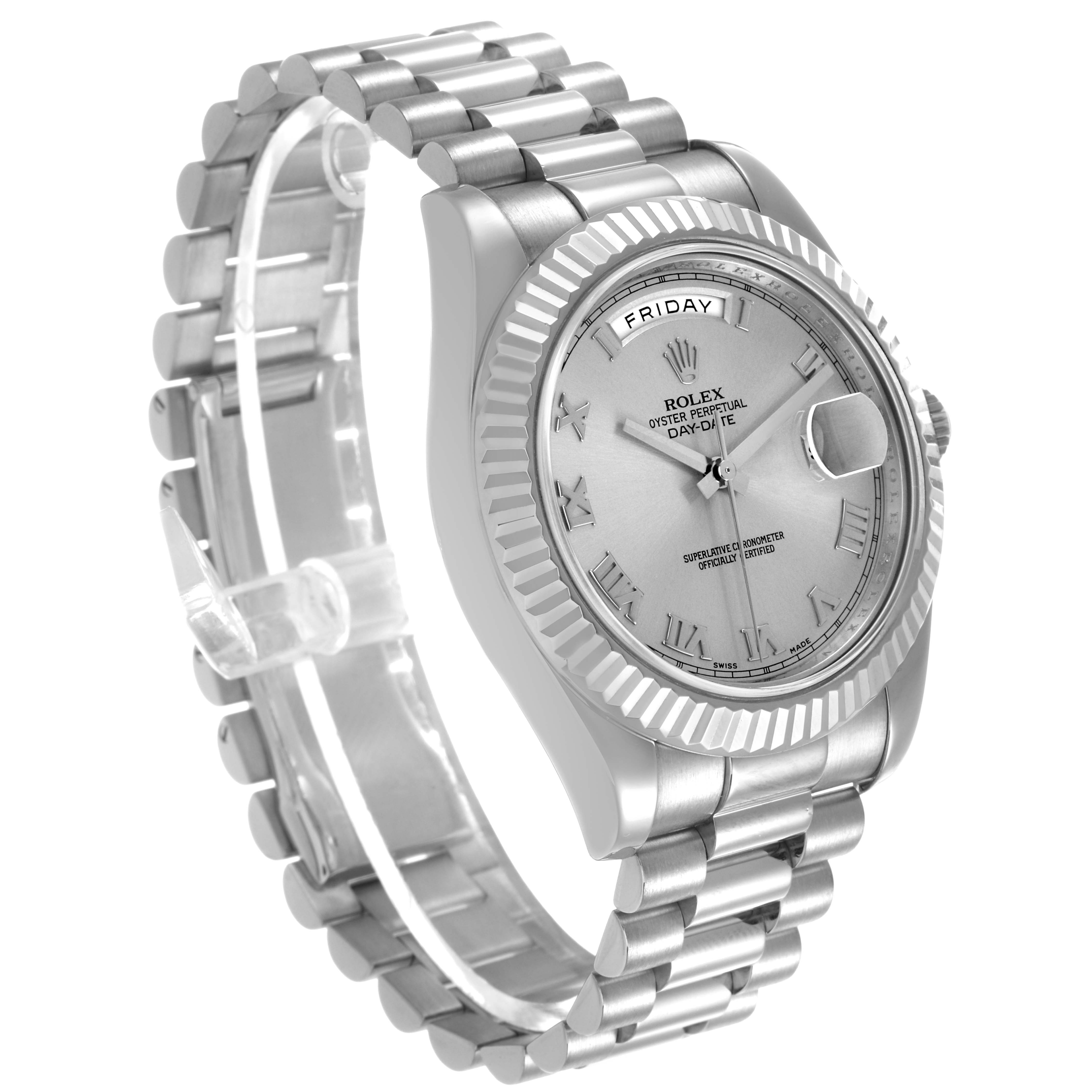 The Rolex President 218239 Men's White Gold Silver Dial model is shown at a slight angle, displaying the bracelet, bezel, dial, and day-date feature.