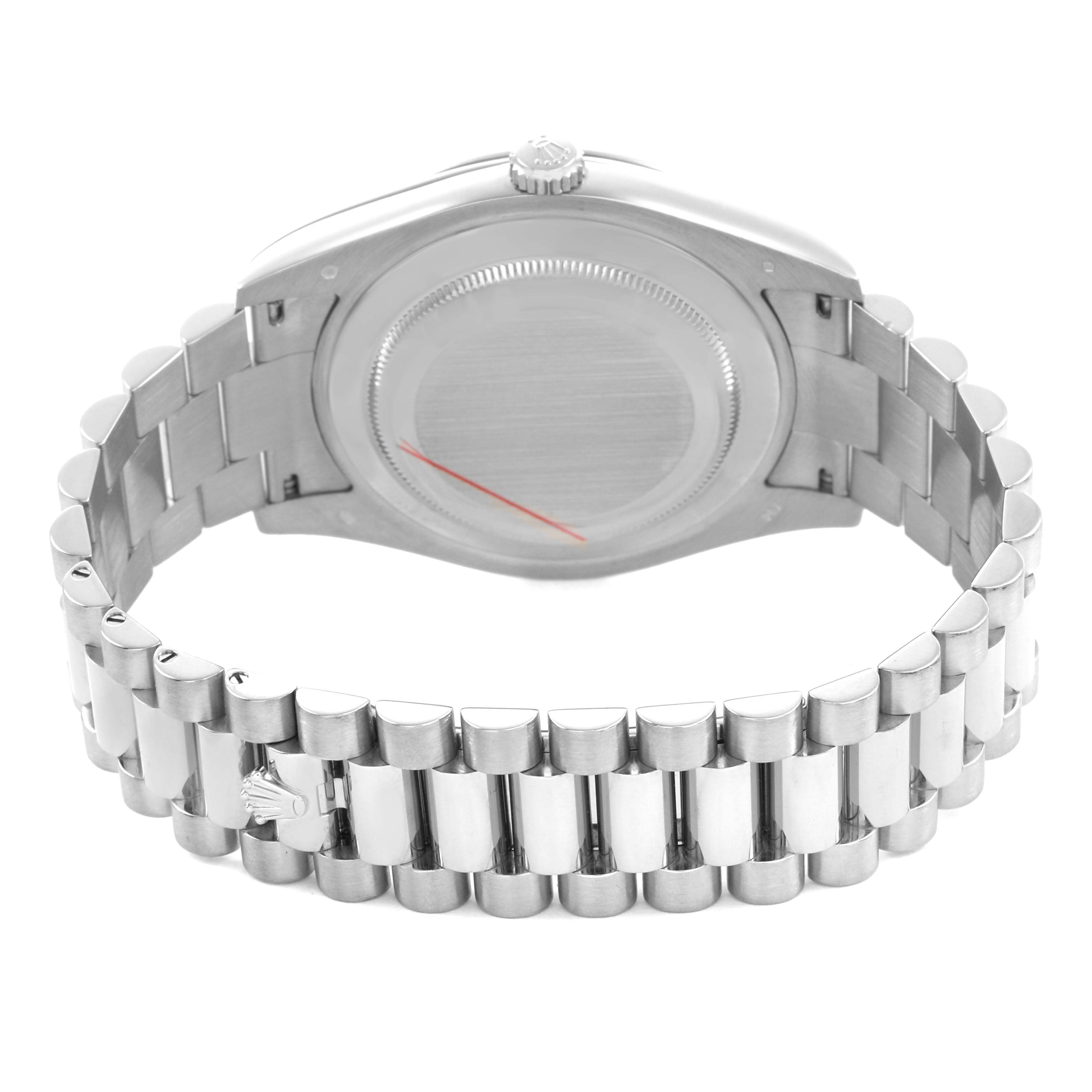 The image shows the back view of a Rolex President 218239 Men's White Gold Silver Dial model watch, highlighting its stainless steel bracelet and case back.