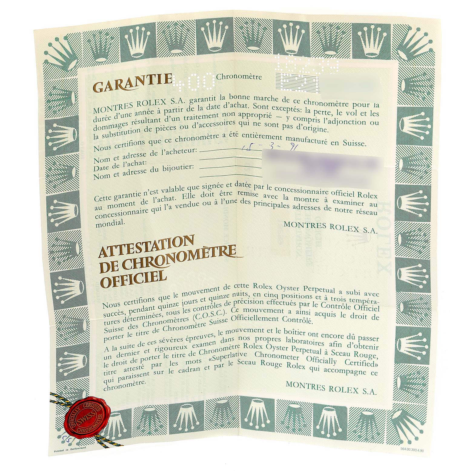 This image shows the official guarantee and chronometer certification document for the Rolex President 18239 Men
s White Gold Brown Dial 18239 Men
s White Gold Brown Dial model watch.