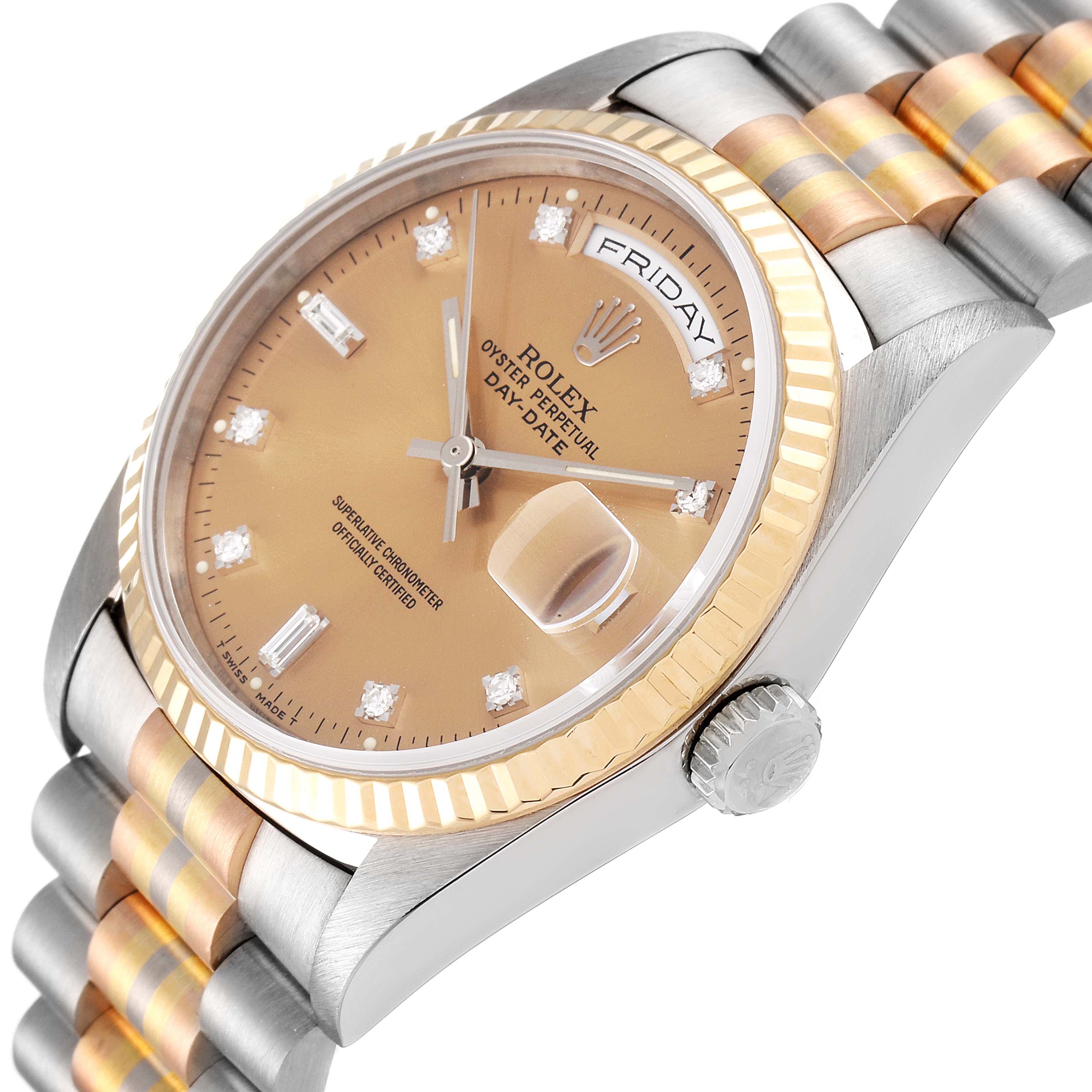 The image shows a Rolex President 18239 Men
s White Gold Brown Dial 18239 Men
s White Gold Brown Dial model watch at a three-quarter angle, highlighting the gold dial, fluted bezel, and two-tone bracelet.