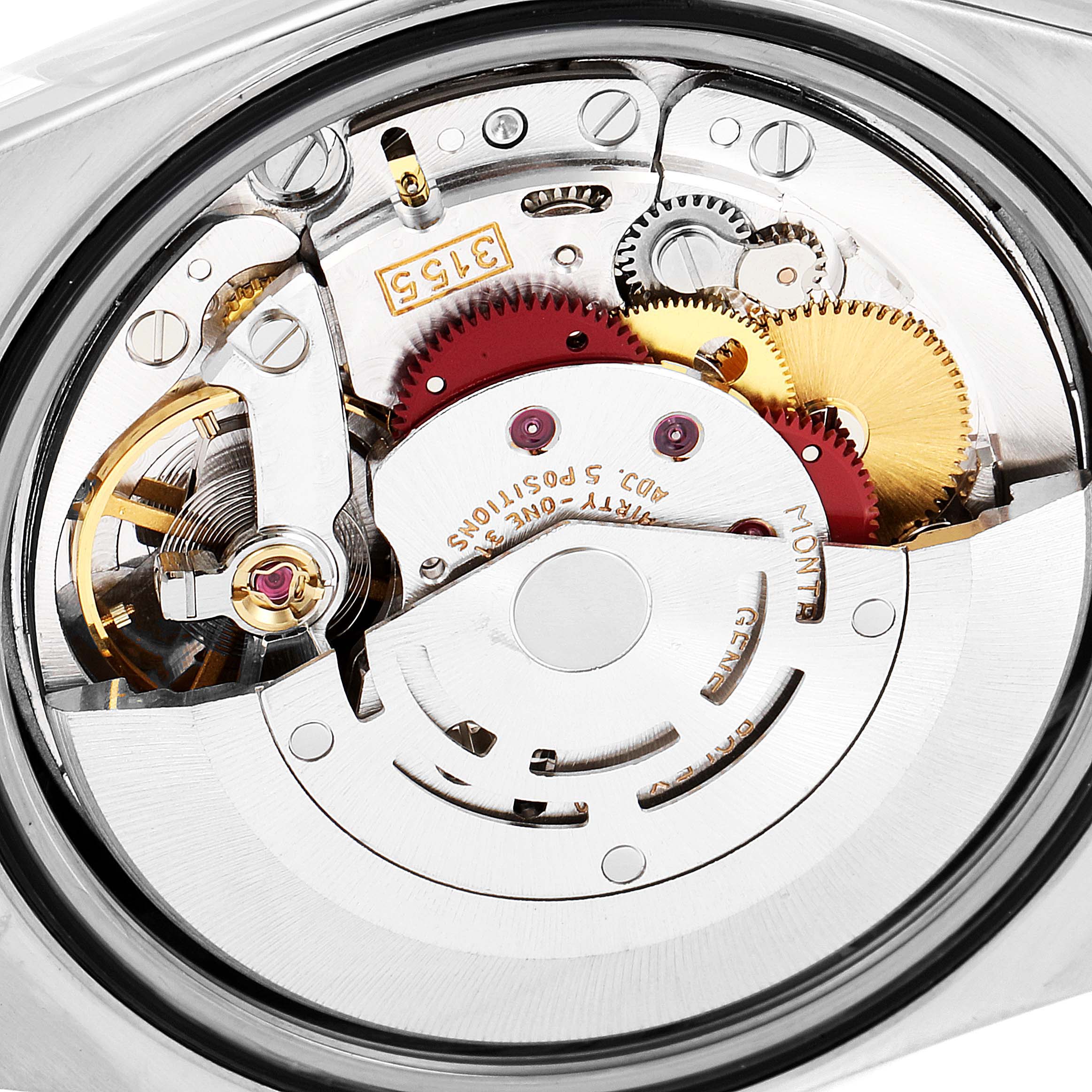 This image shows a close-up of the movement and inner mechanism of the Rolex President 18239 Men
s White Gold Brown Dial 18239 Men
s White Gold Brown Dial model watch.