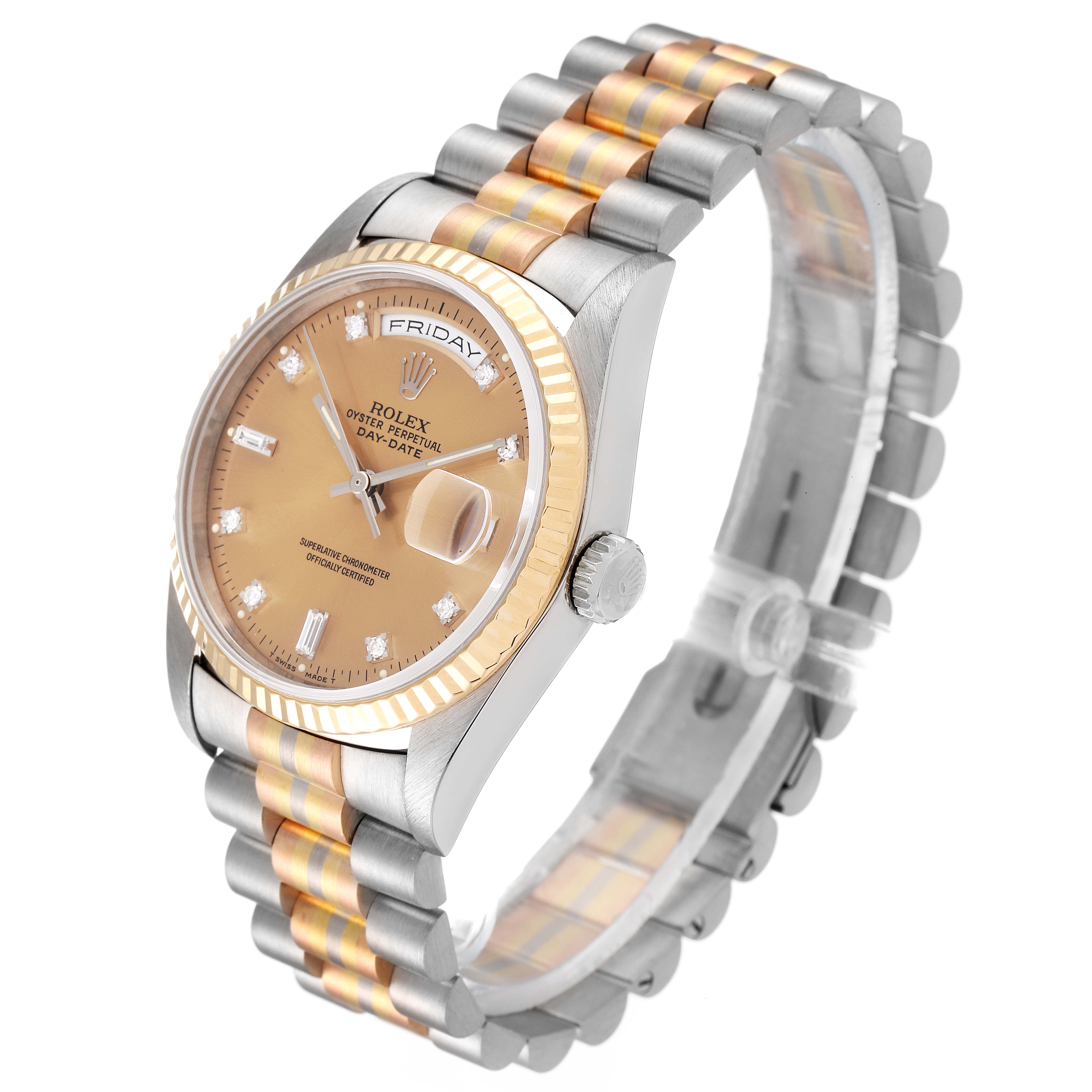 The image shows a Rolex President 18239 Men
s White Gold Brown Dial 18239 Men
s White Gold Brown Dial model watch at an angle displaying its face, bezel, crown, and two-tone bracelet.