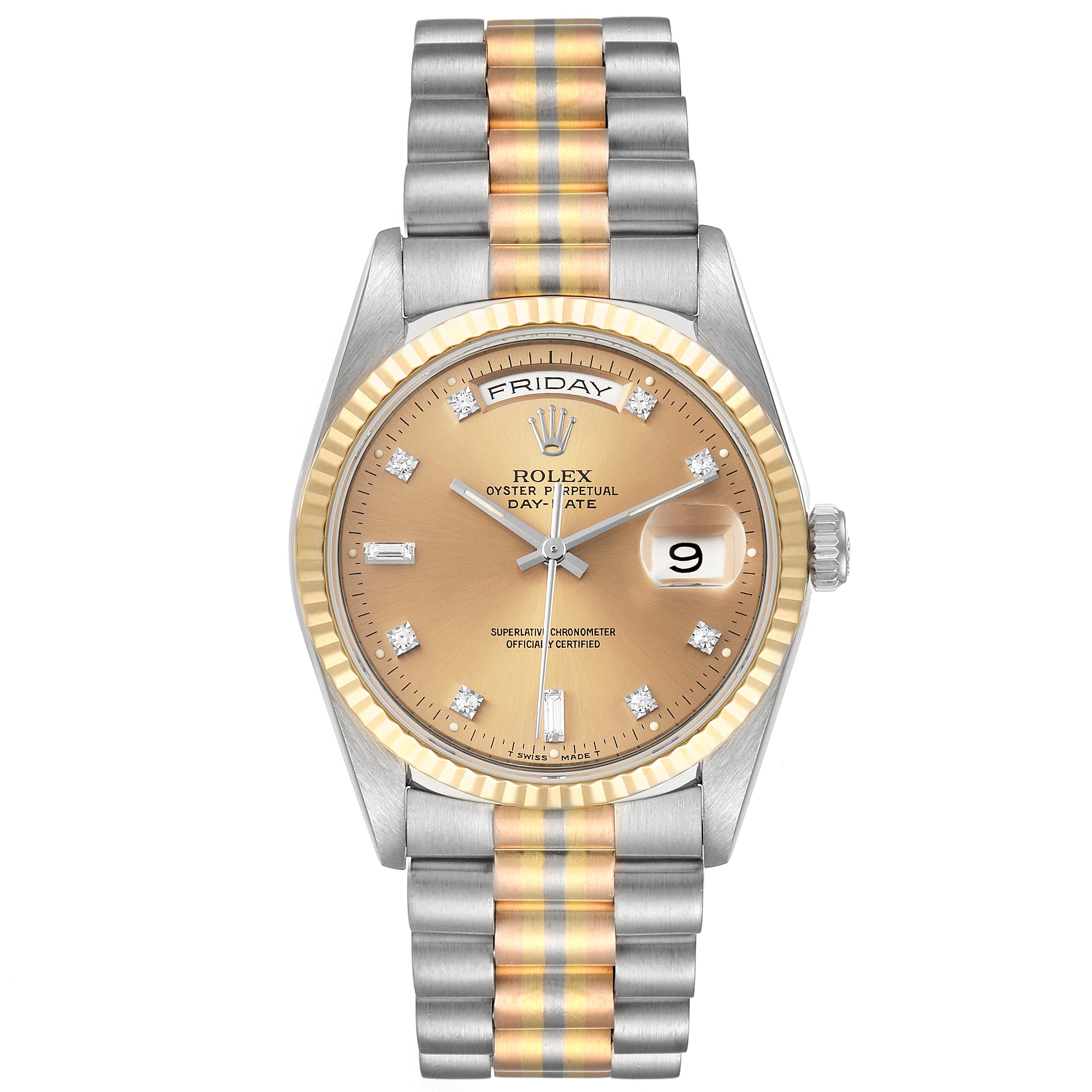 The Rolex President 18239 Men
s White Gold Brown Dial 18239 Men
s White Gold Brown Dial model watch is shown from a front angle, featuring its dial, bezel, bracelet, and day-date display.