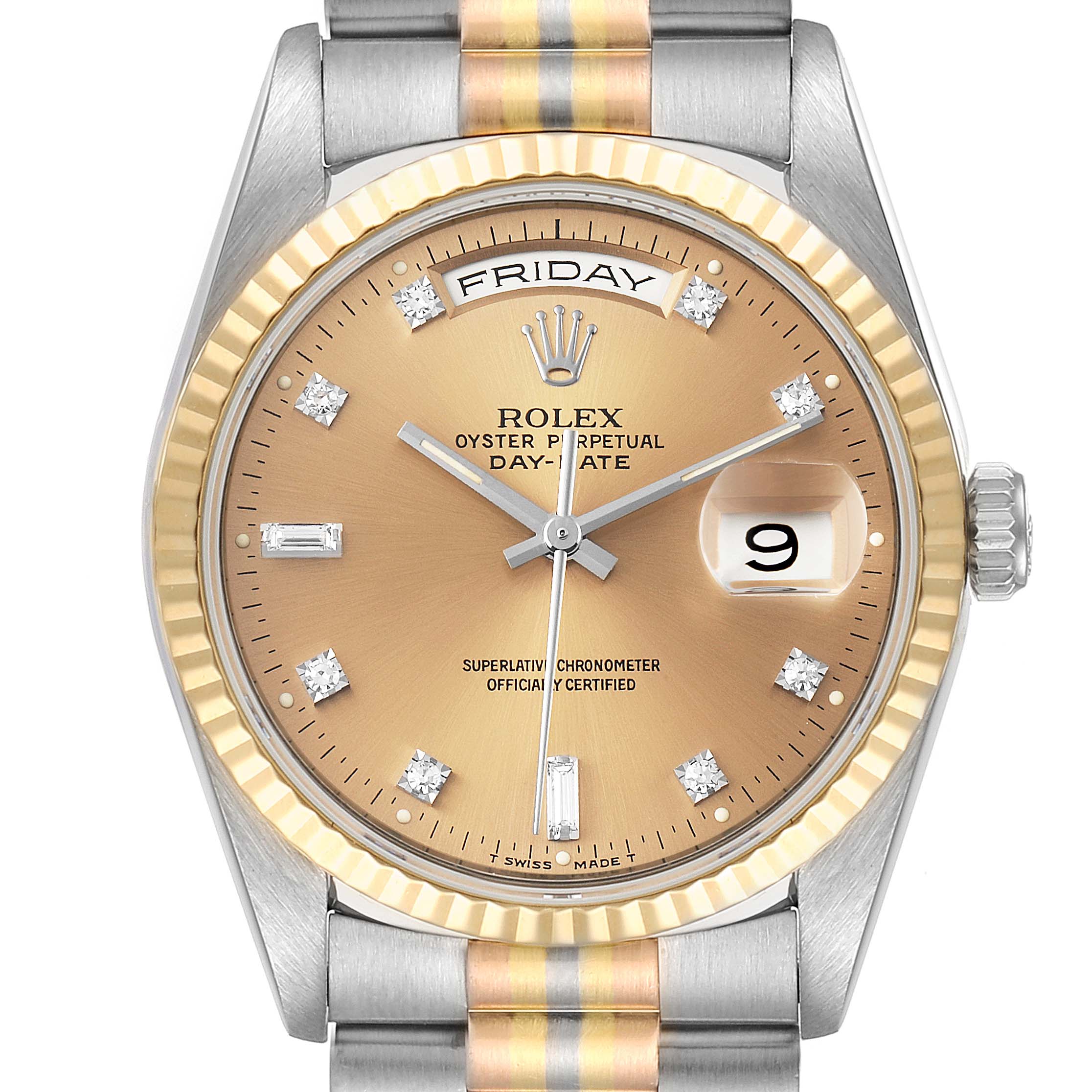 This image shows a front view of a Rolex President 18239 Men
s White Gold Brown Dial 18239 Men
s White Gold Brown Dial Day-Date watch, highlighting the face, dial, and part of the bracelet.