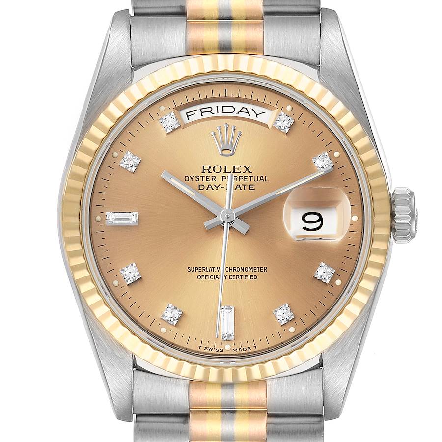 Rolex President Day-Date Tridor White Yellow Rose Gold Diamond Watch 18239 Papers SwissWatchExpo