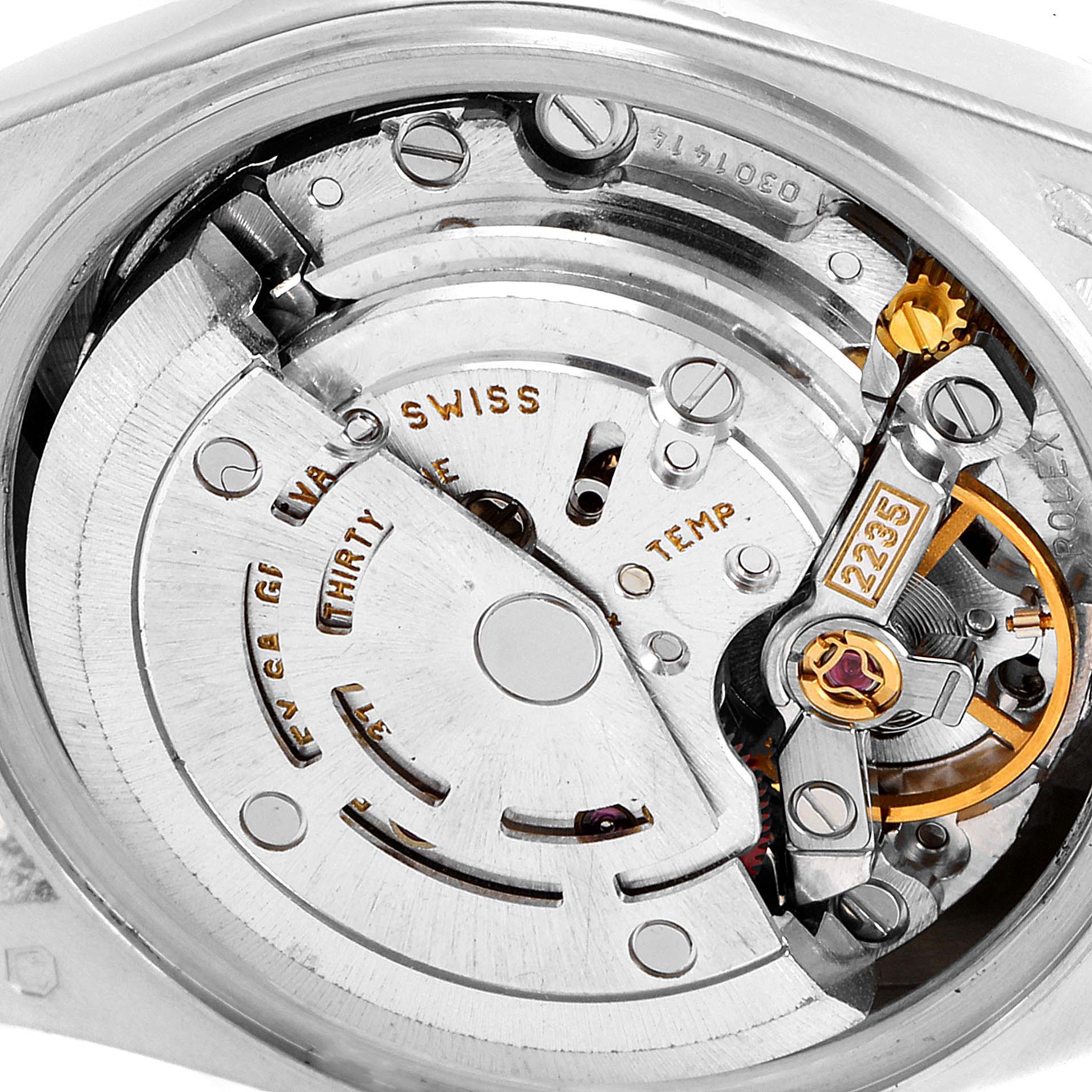 The image shows the internal mechanical movement of a Rolex President 79166 Women's Platinum Silver Dial 79166 Women's Platinum Silver Dial model watch from an angled, close-up view.