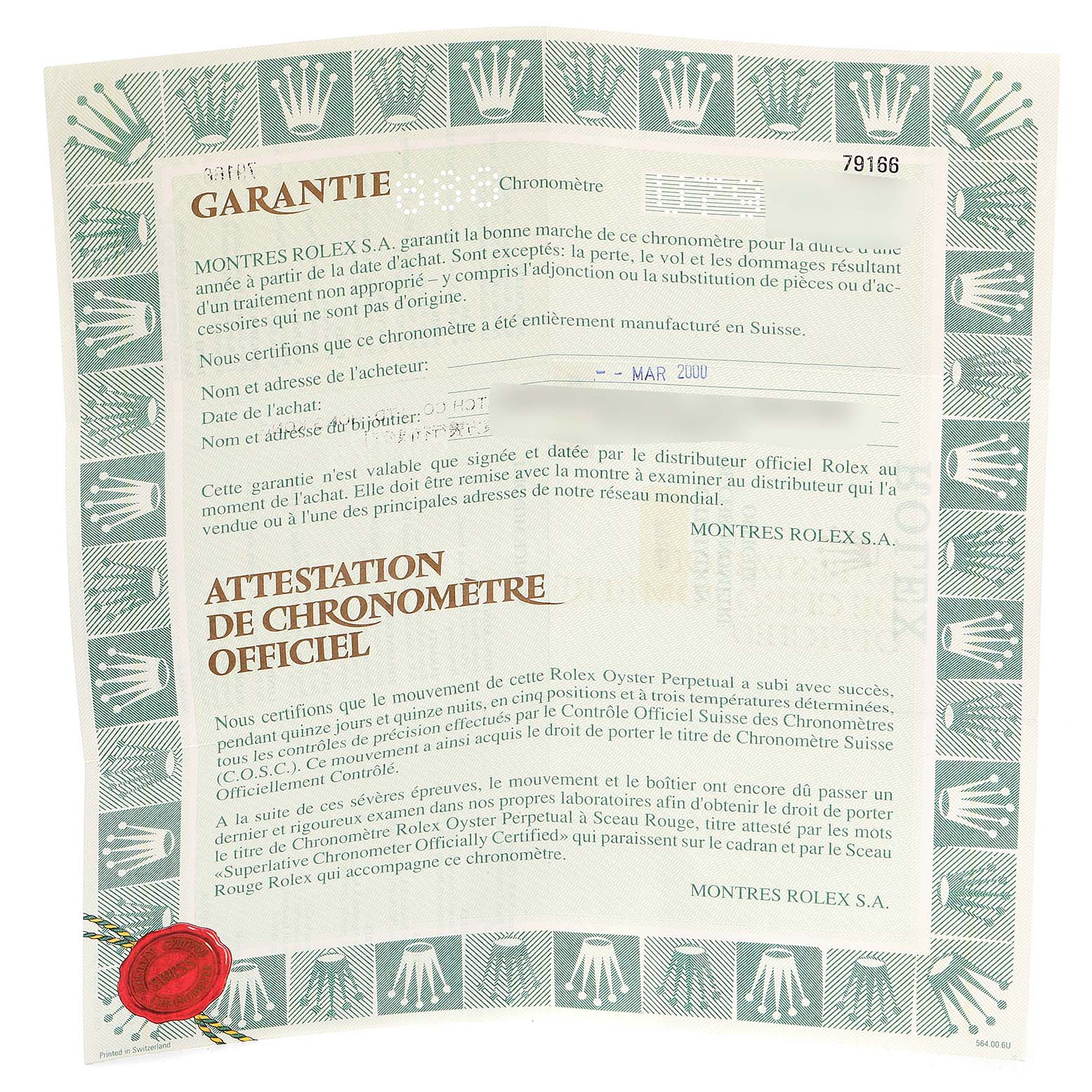 This image shows the warranty certificate for the Rolex President 79166 Women's Platinum Silver Dial 79166 Women's Platinum Silver Dial model watch.