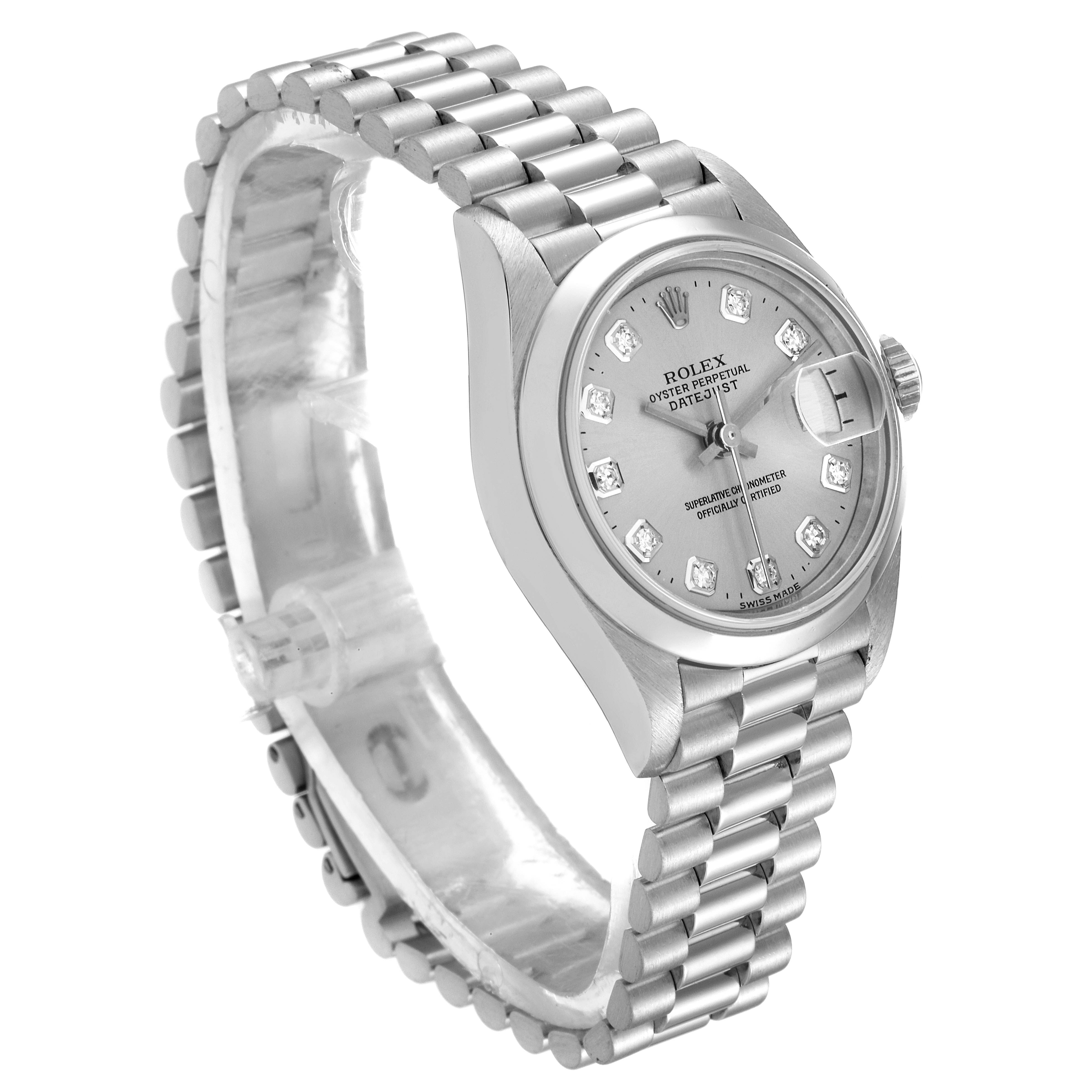 The image shows a Rolex President 79166 Women's Platinum Silver Dial 79166 Women's Platinum Silver Dial model watch at an angle displaying the face, crown, and bracelet.