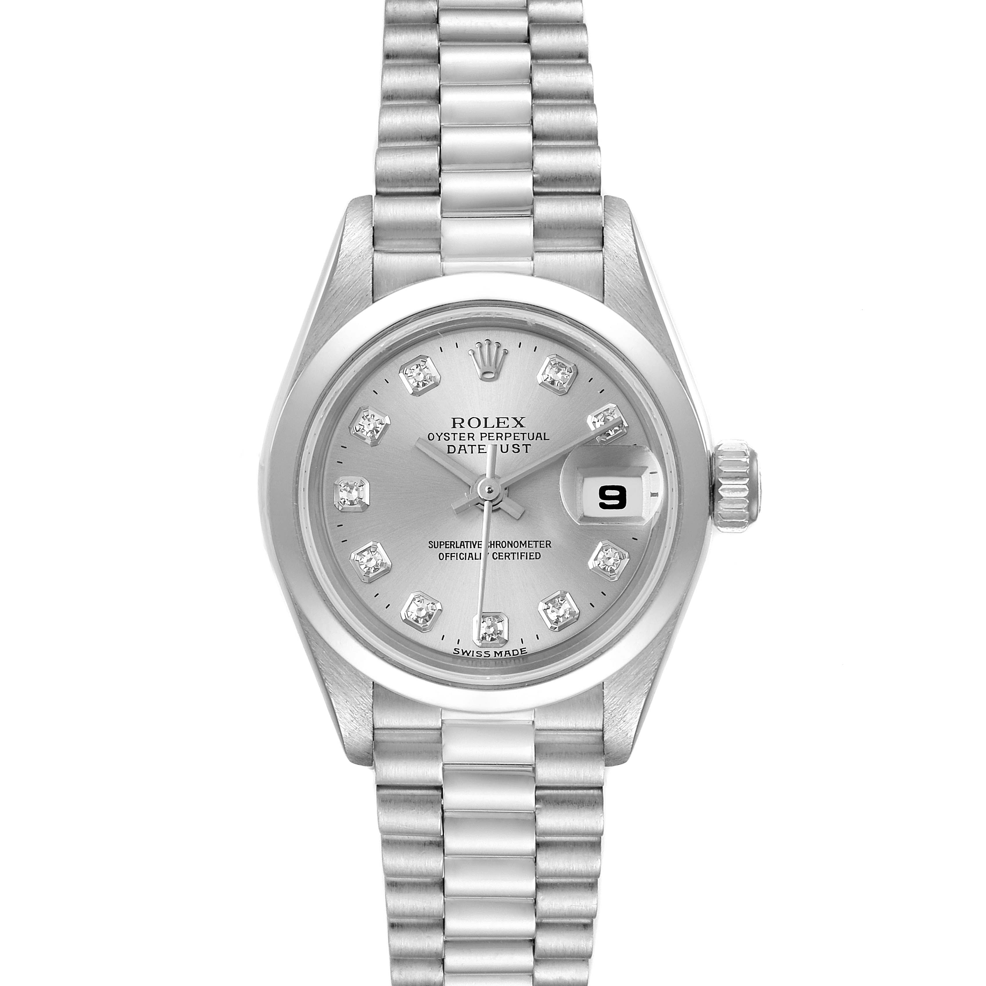 The image shows a front view of the Rolex Datejust President model with a silver dial and bracelet.