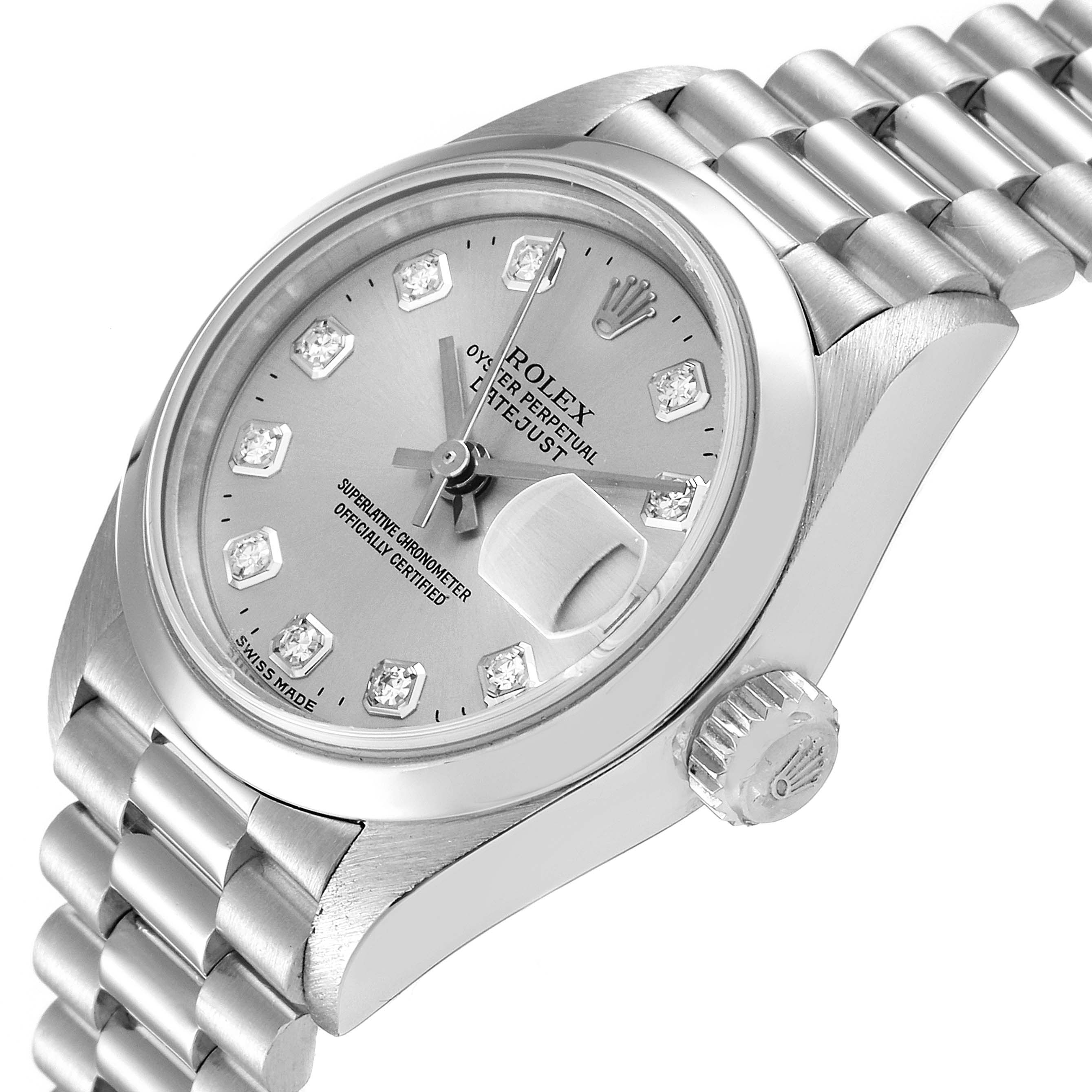 The Rolex President 79166 Women's Platinum Silver Dial 79166 Women's Platinum Silver Dial model watch is shown from a slight side angle, displaying the face, crown, and part of the bracelet.