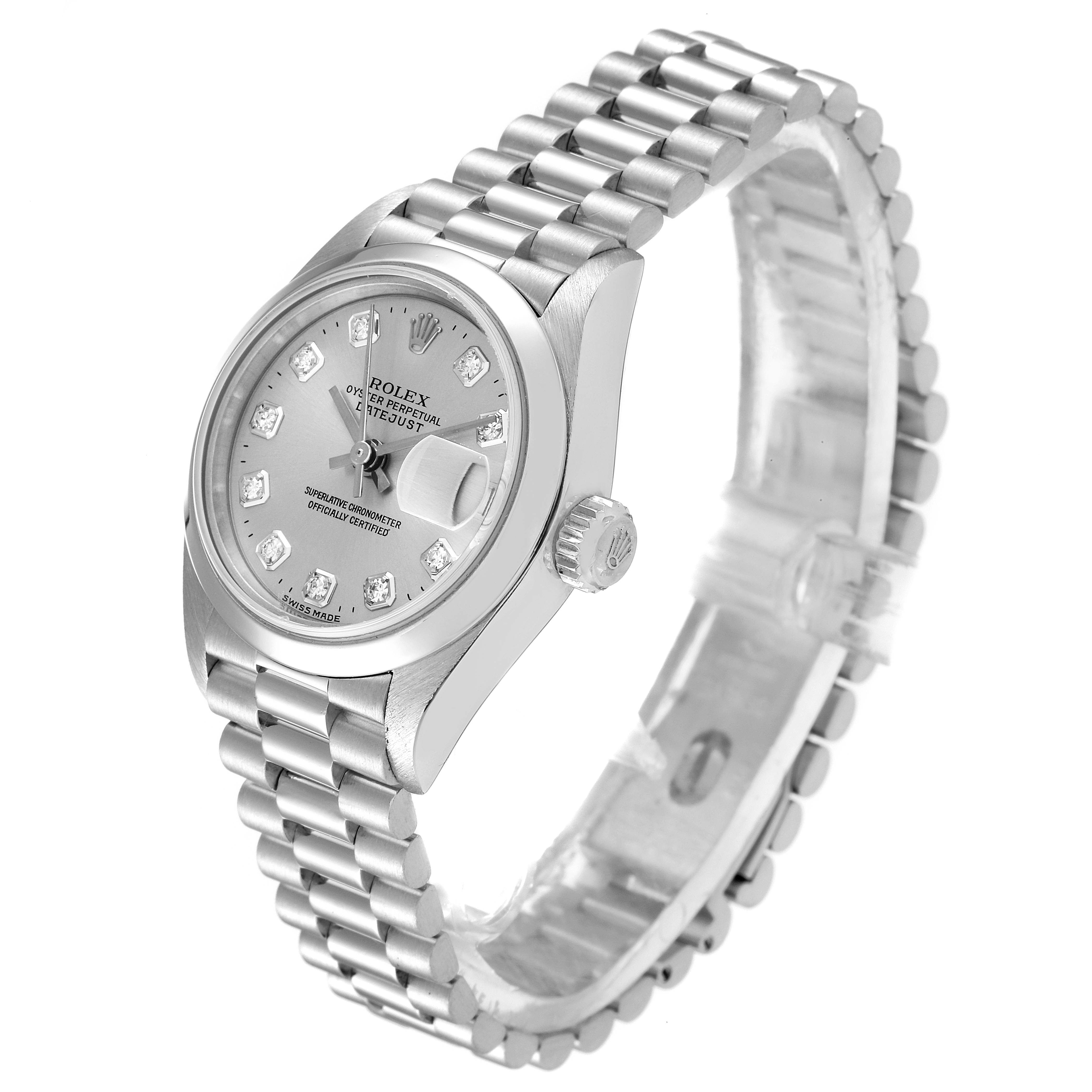 The Rolex President 79166 Women's Platinum Silver Dial 79166 Women's Platinum Silver Dial model watch is shown at an angle displaying its dial, bracelet, and crown.