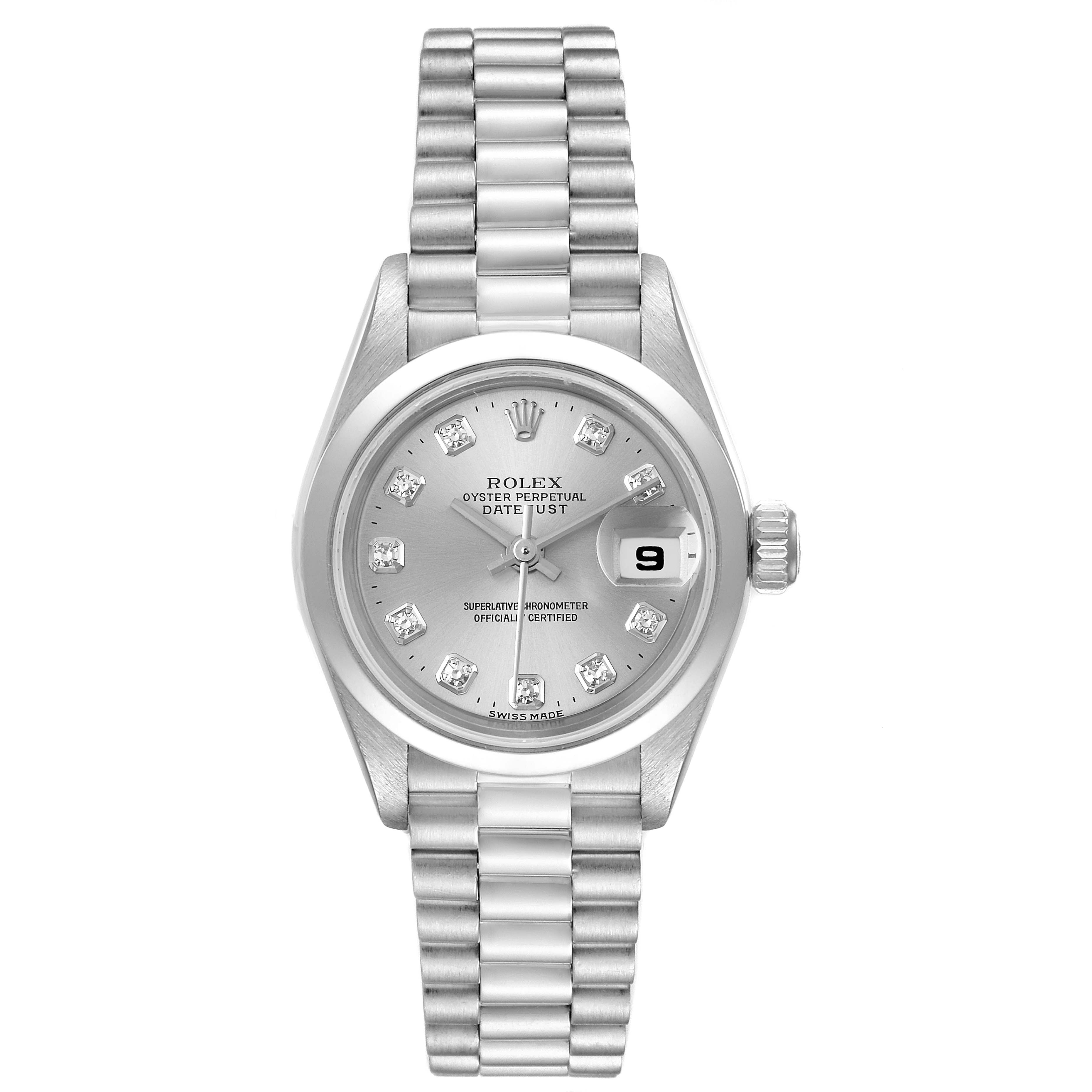 This image shows a frontal view of a Rolex President 79166 Women's Platinum Silver Dial 79166 Women's Platinum Silver Dial model watch, displaying the face, dial, bracelet, and date window.