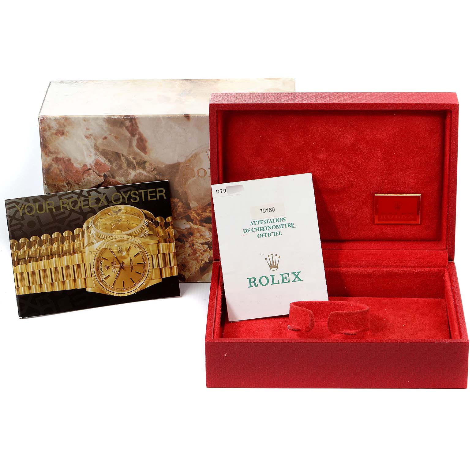 The image shows the box, instruction manual, and certificate for a Rolex President 79166 Women's Platinum Silver Dial 79166 Women's Platinum Silver Dial model watch.