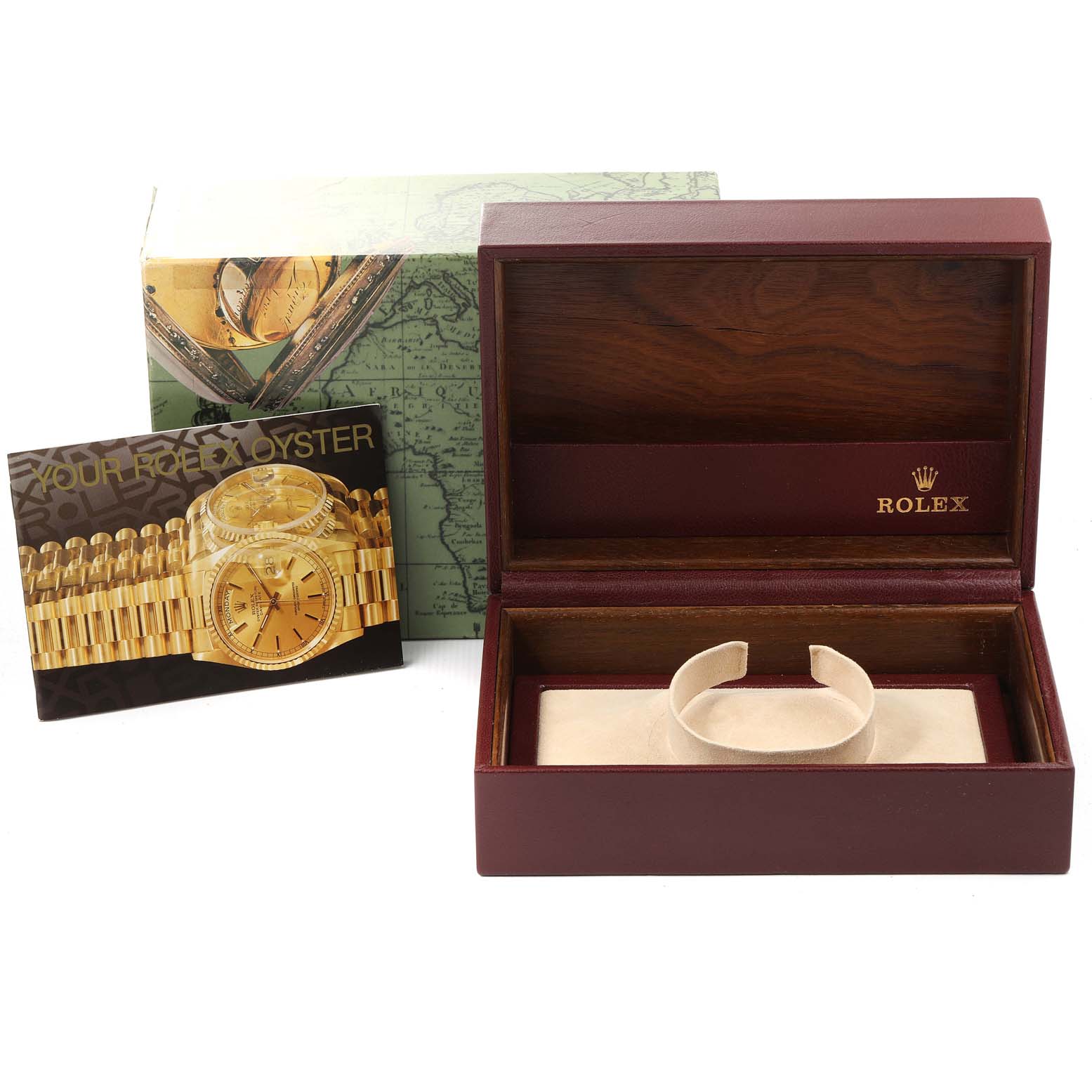 The image shows a Rolex President 69138 Women's Yellow Gold Blue Dial 69138 Women's Yellow Gold Blue Dial model box, an outer box, and a booklet from a top-front angle.