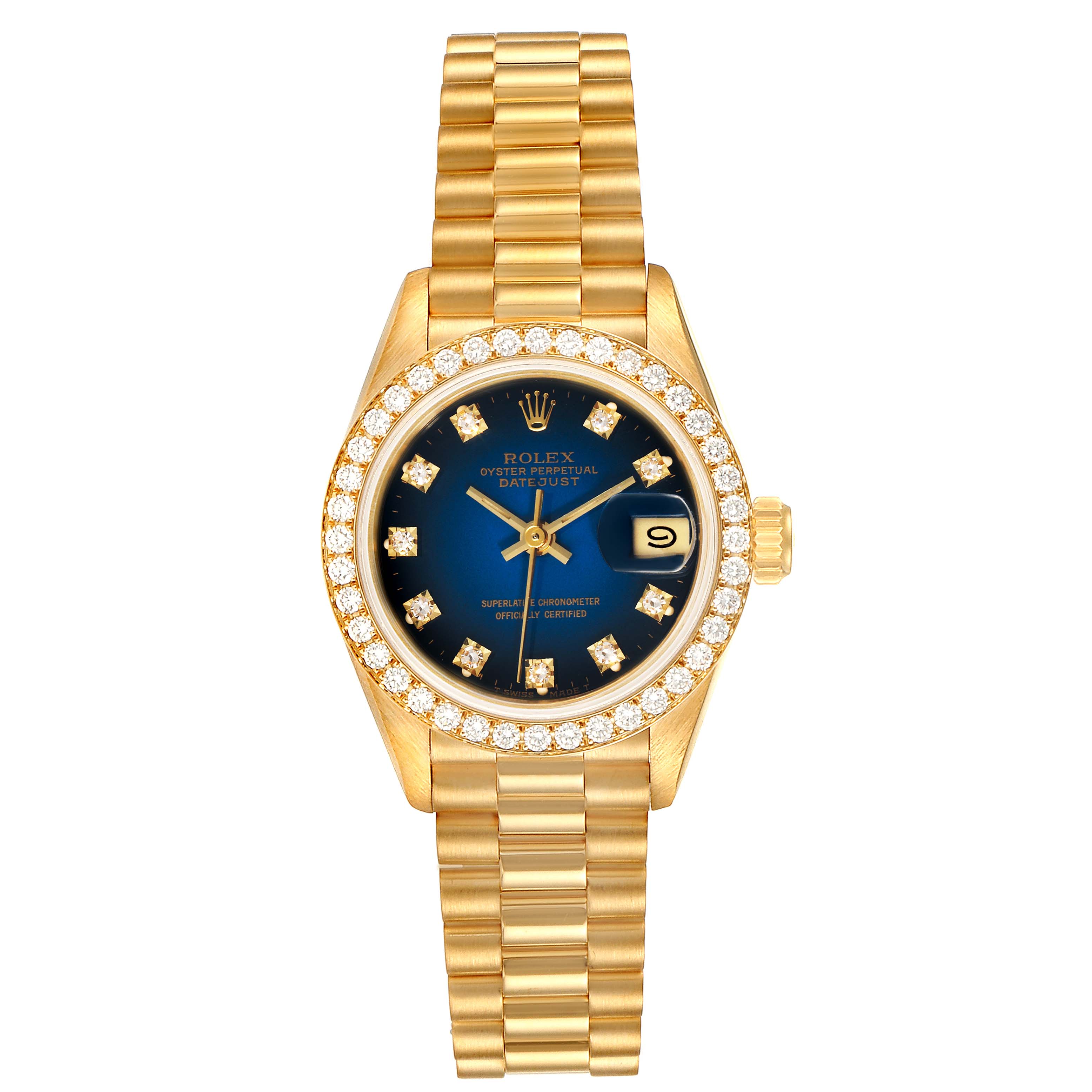 The image shows a frontal view of a Rolex President 69138 Women's Yellow Gold Blue Dial 69138 Women's Yellow Gold Blue Dial model watch with a gold bracelet, diamond bezel, and blue dial.