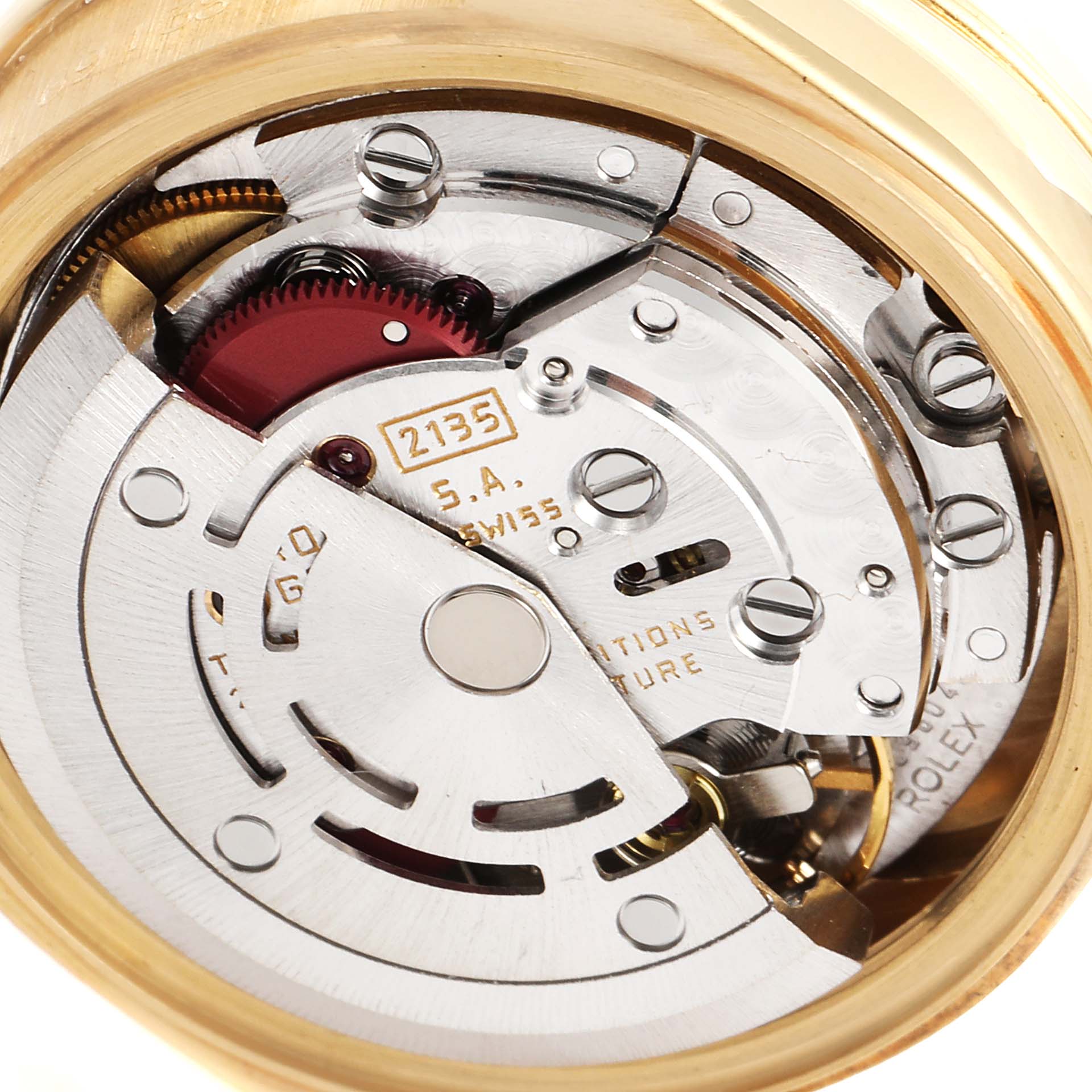 This image shows the internal mechanism and movement of a Rolex President 69138 Women's Yellow Gold Blue Dial 69138 Women's Yellow Gold Blue Dial model watch, viewed from the back.