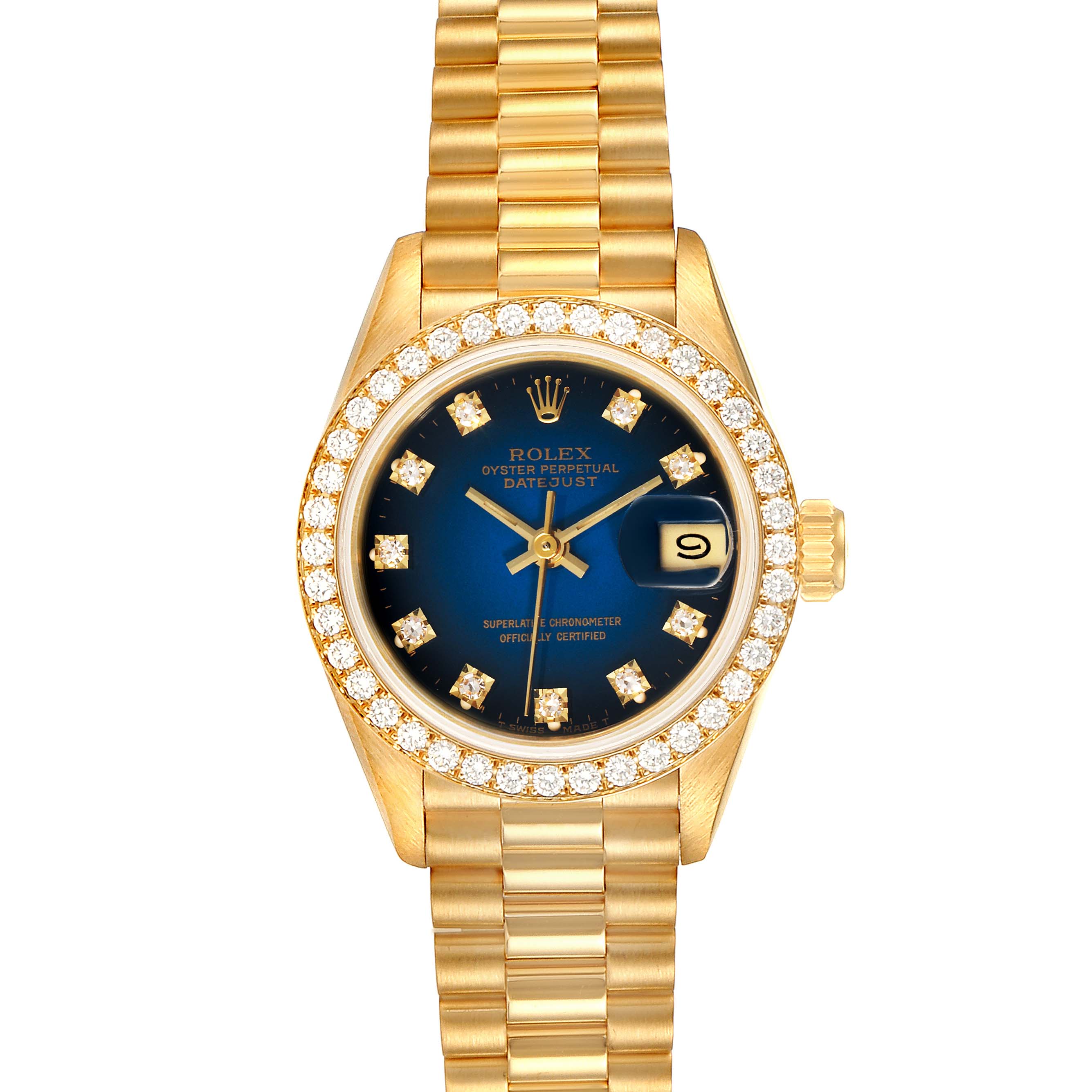 This image shows a frontal view of the Rolex President 69138 Women's Yellow Gold Blue Dial 69138 Women's Yellow Gold Blue Dial watch with a diamond bezel and a blue dial.